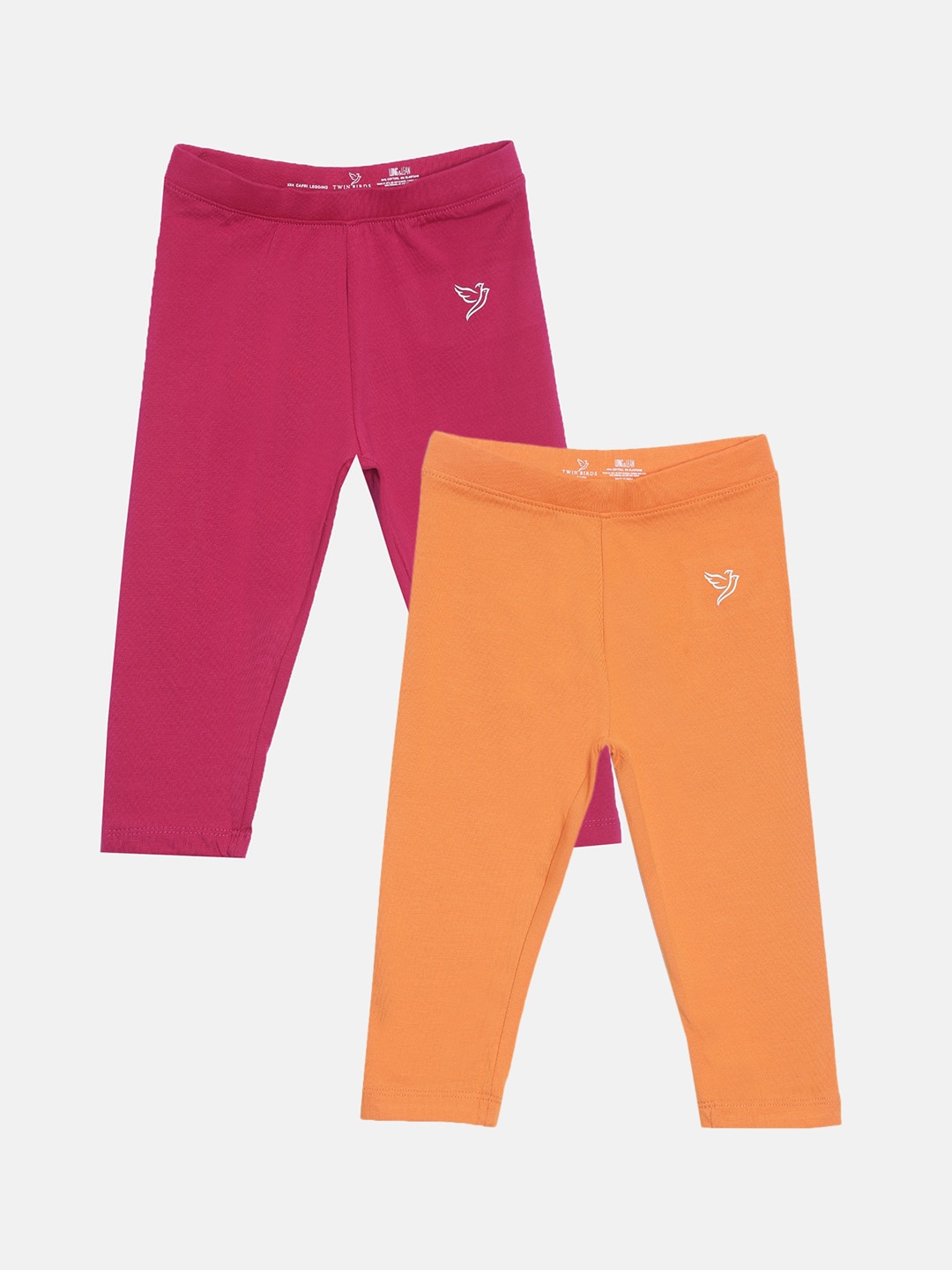 

TWIN BIRDS Girls Pack Of 2 Solid Pure Cotton Three Fourth-Length Leggings, Pink