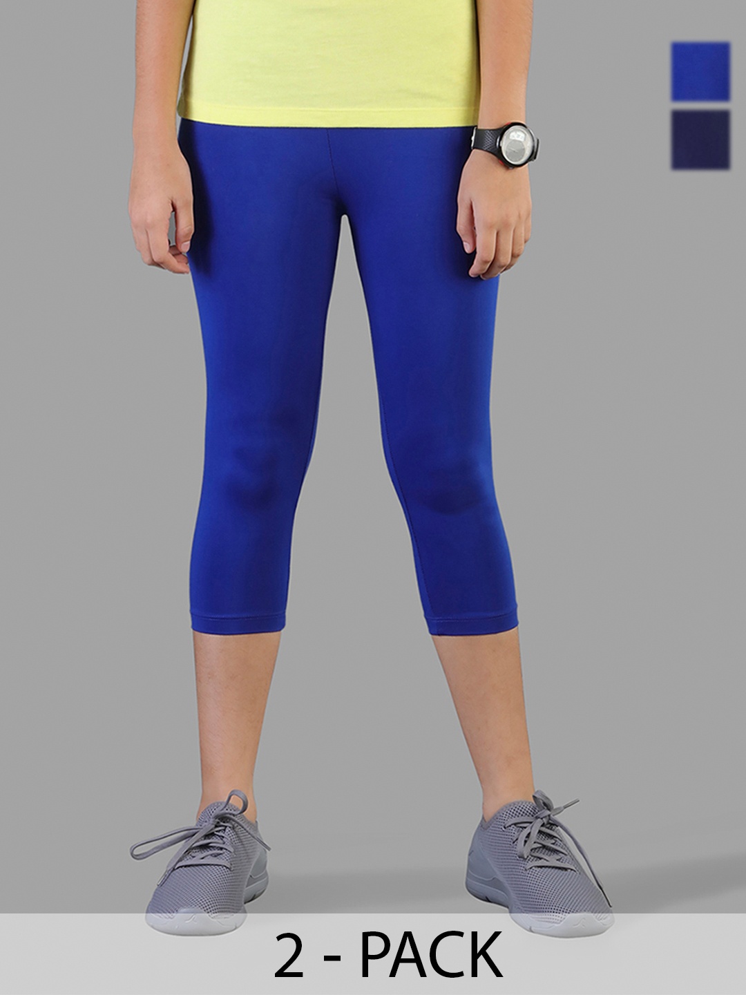 

TWIN BIRDS Girls Pack Of 2 Solid Pure Cotton Three Fourth-Length Leggings, Blue