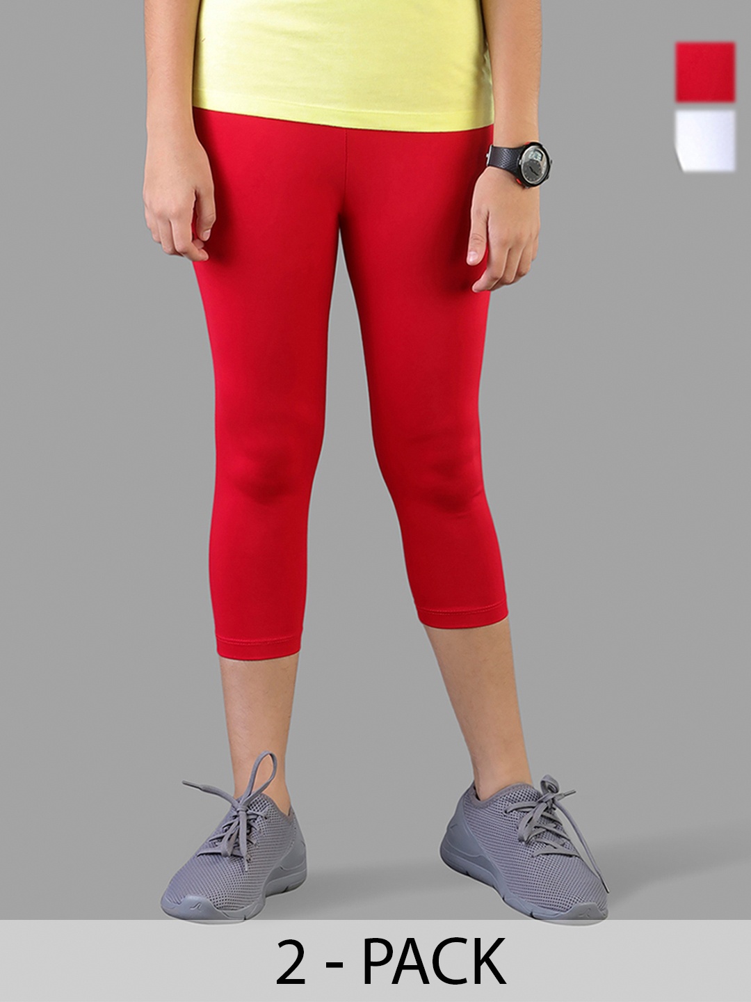 

TWIN BIRDS Girls Pack Of 2 Solid Pure Cotton Three Fourth-Length Leggings, Red
