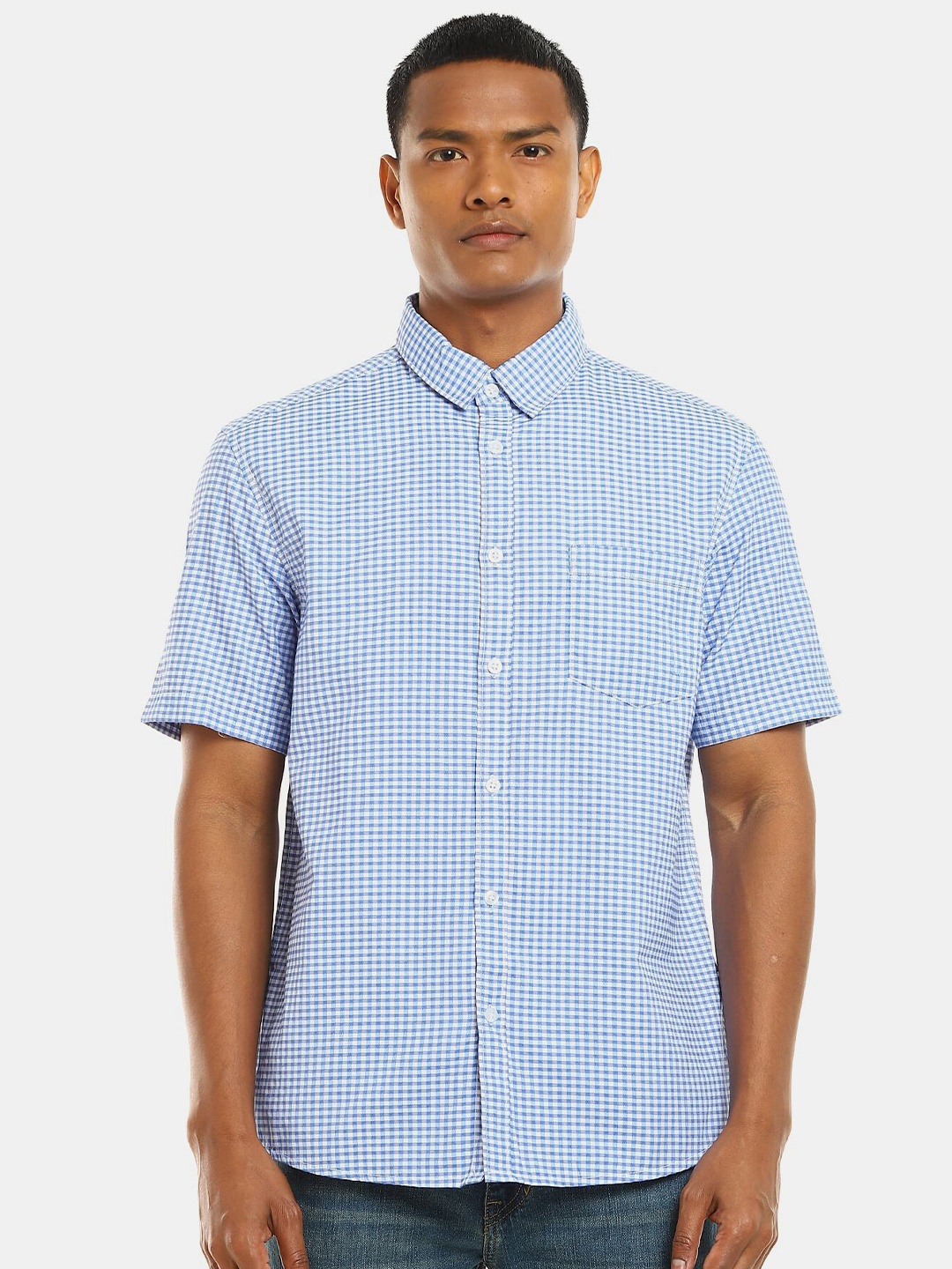 

Ruggers Men Blue Micro Checks Checked Cotton Casual Shirt