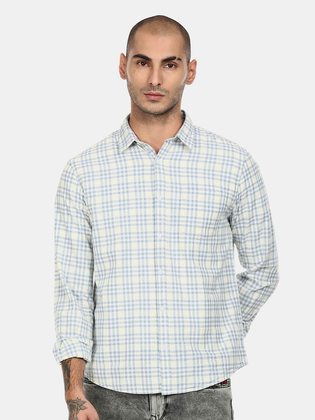 

Ruggers Men Yellow Tartan Checks Checked Cotton Casual Shirt