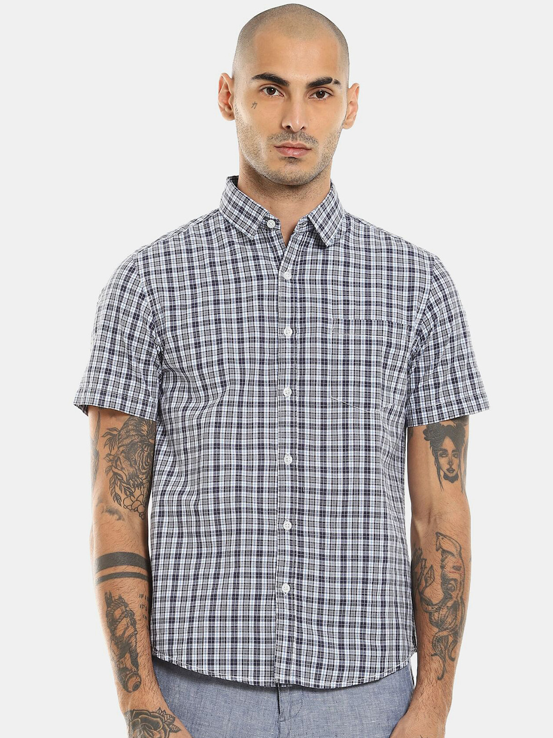 

Ruggers Men Blue Tartan Checks Checked Cotton Casual Shirt