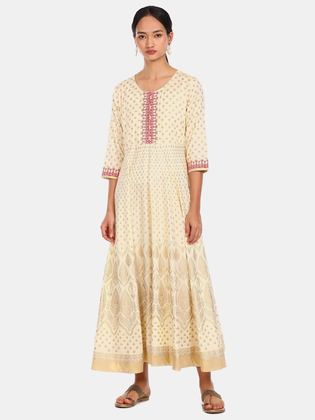 

Anahi Women Off White & Gold-Toned Ethnic Motifs Printed Thread Work Anarkali Kurta