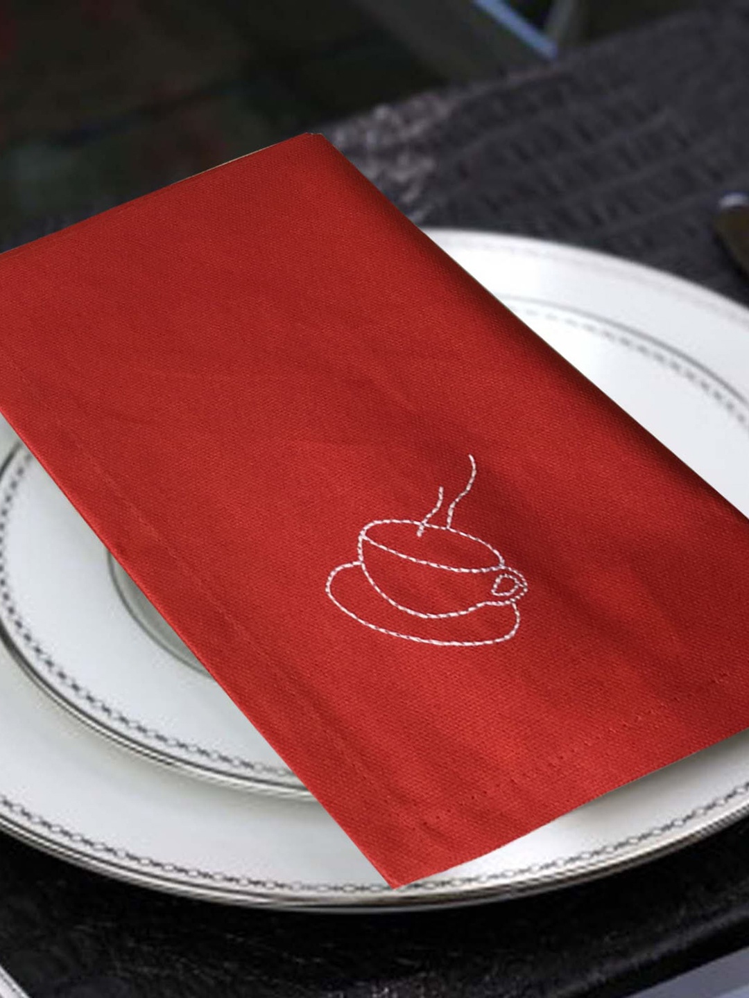 

Lushomes Set Of 6 Red Embroidered Pure Cotton Table Napkins