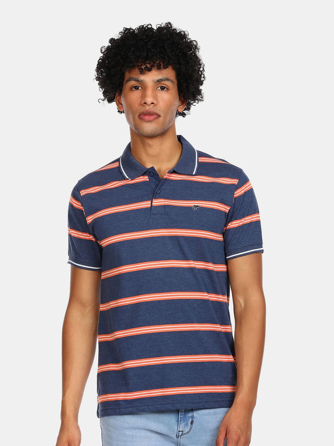 

Ruggers Men Navy Blue & Orange Striped Polo Collar Applique T-shirt