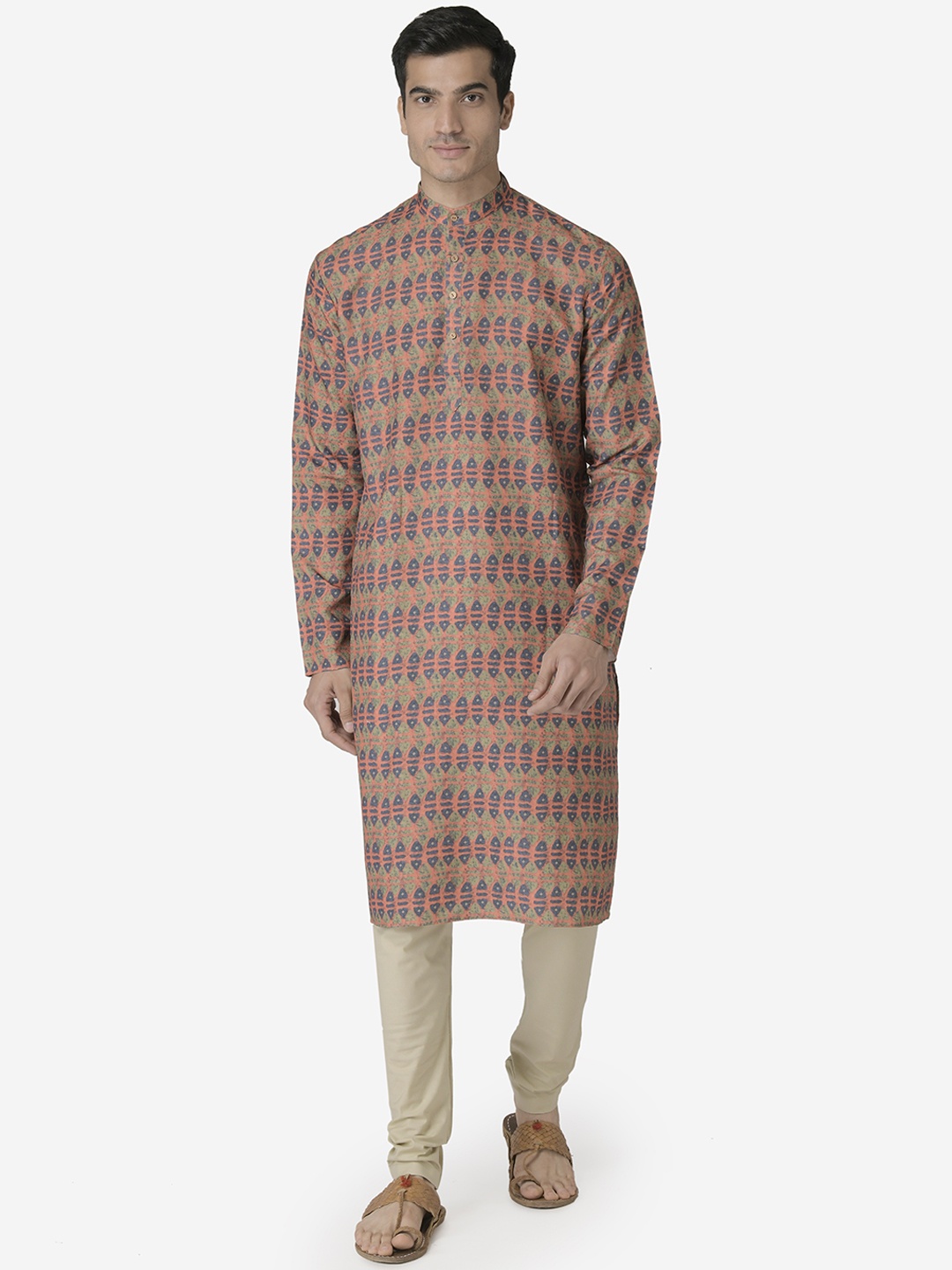 

TABARD Men Orange & Navy Blue Printed Pure Cotton Kurta with Churidar