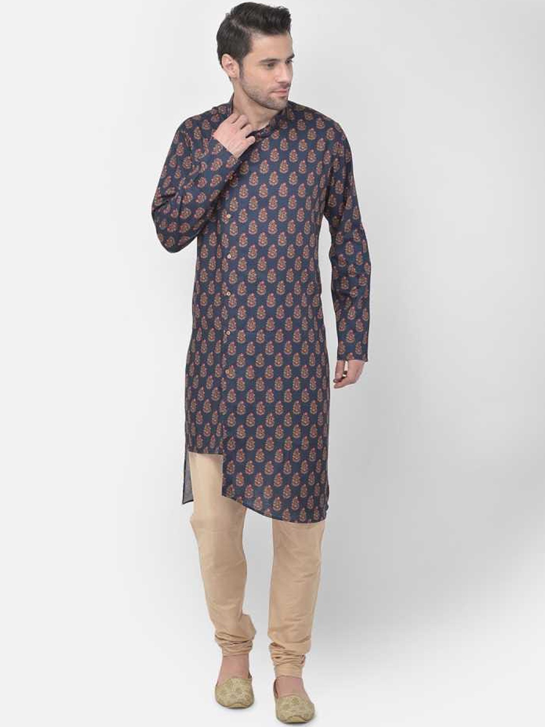 

TABARD Men Blue Angrakha Pure Cotton Kurti with Churidar