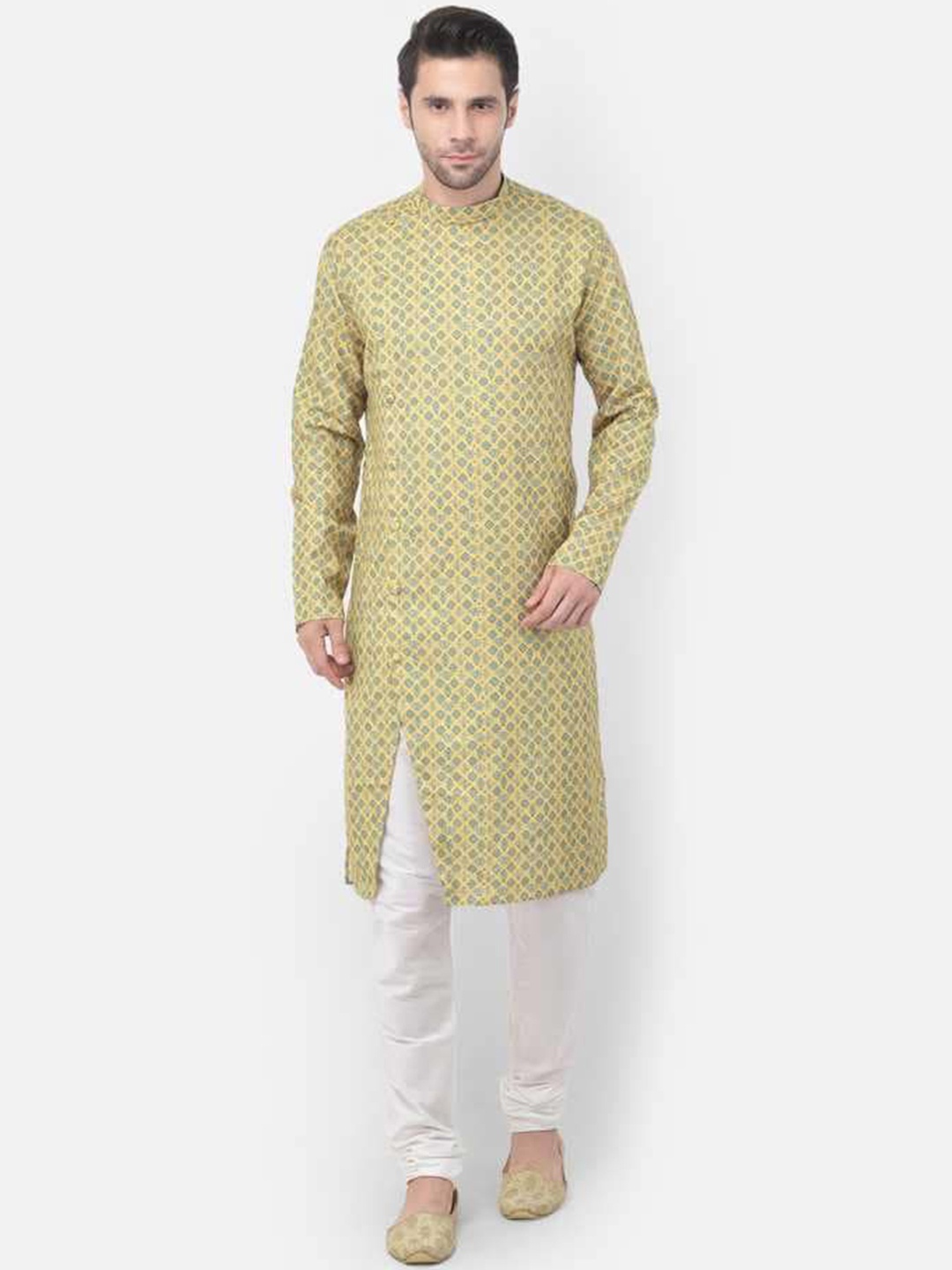 

TABARD Men Yellow & Blue Printed Pure Cotton Jacquard Kurta With Churidar