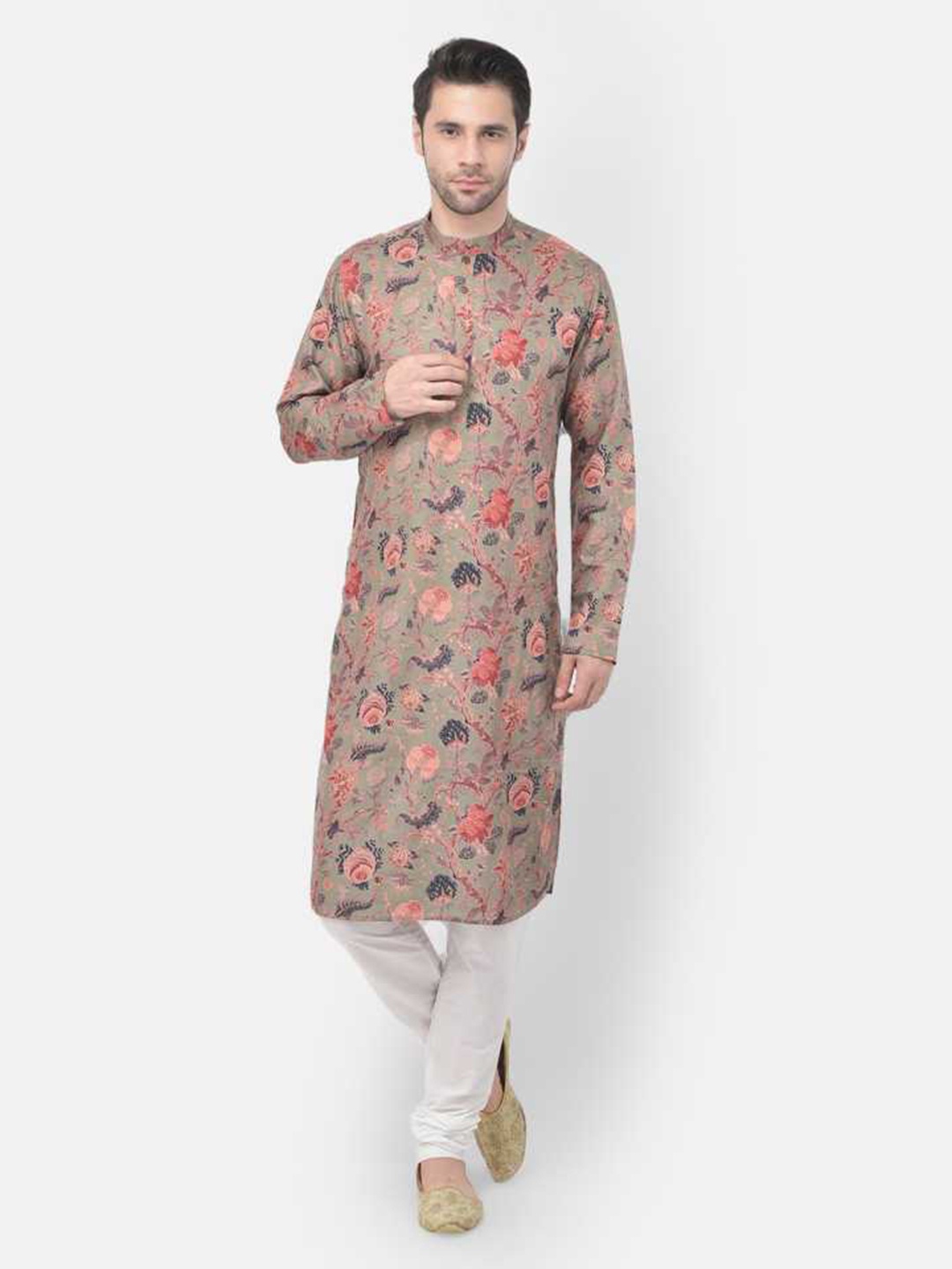 

TABARD Men Green & White Floral Printed Pure Cotton Kurta with Churidar