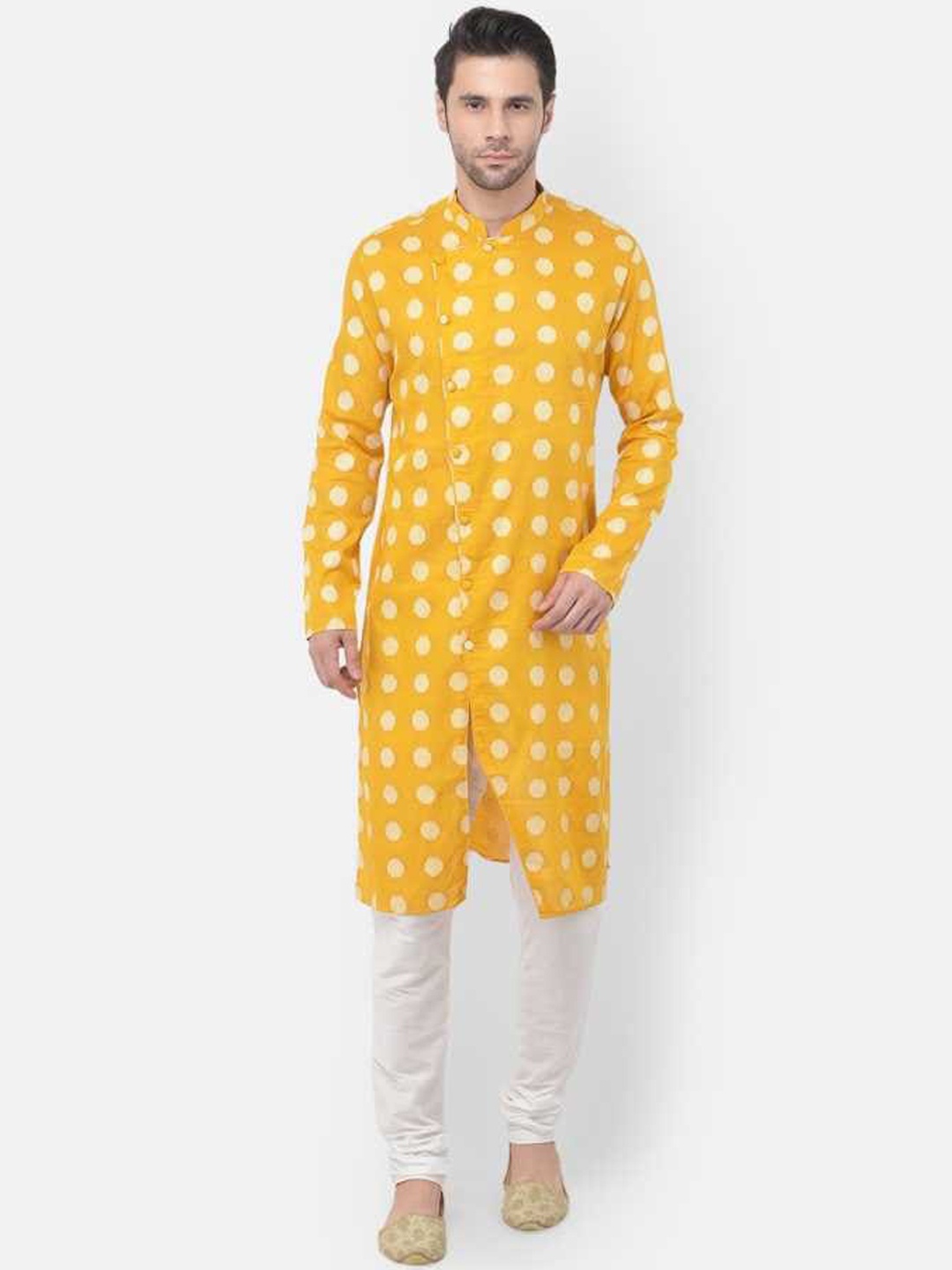 

TABARD Men Yellow Angrakha Pure Cotton Kurti with Churidar