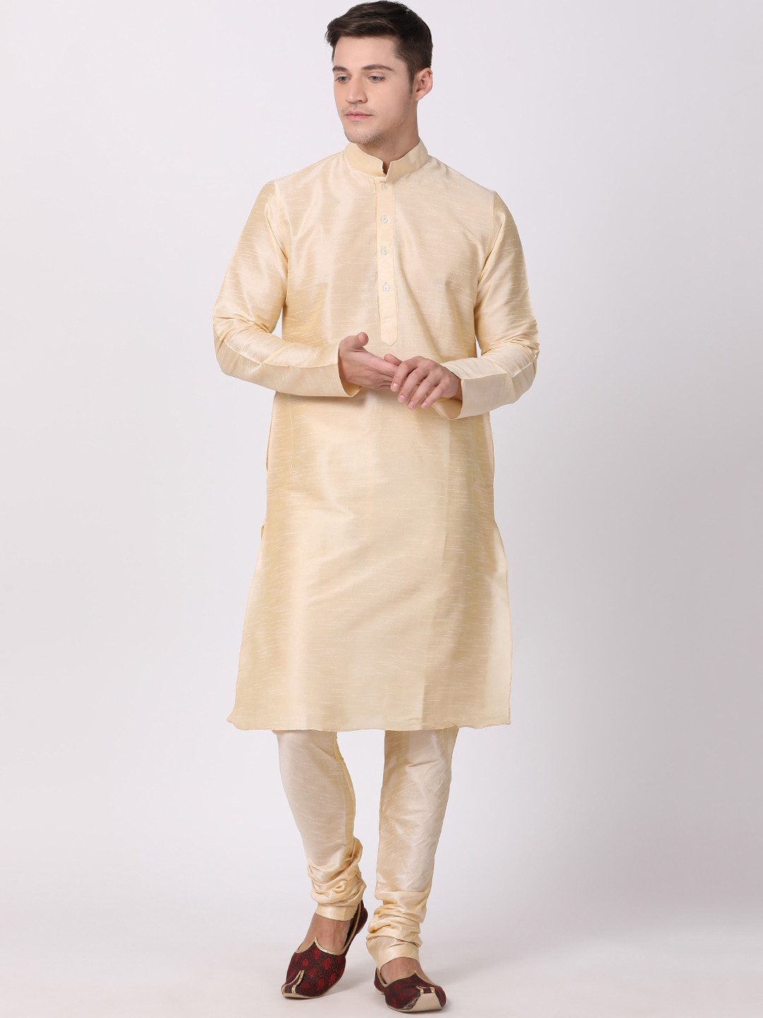 

TABARD Men Beige Dupion Plain Kurta With Churidar