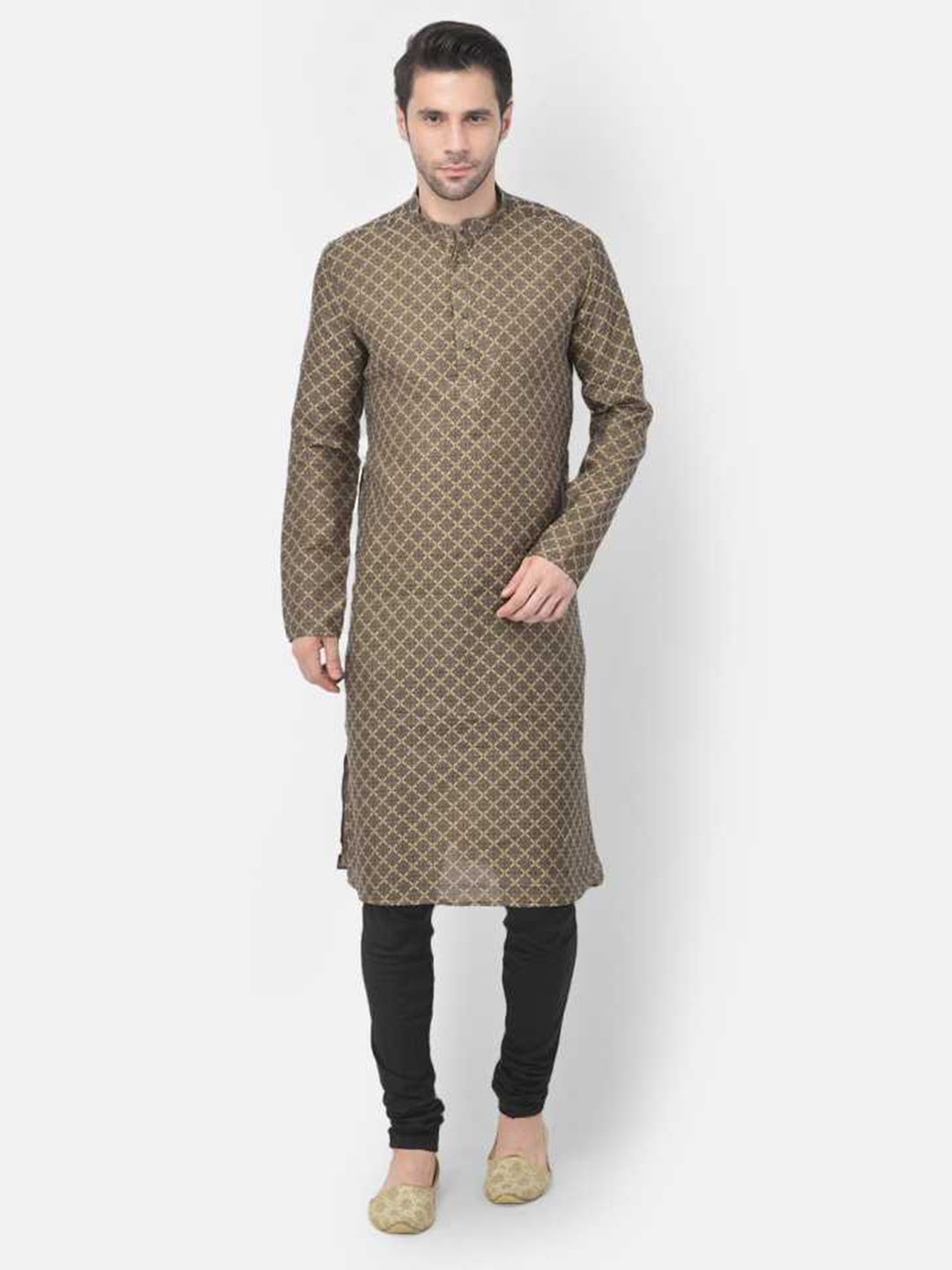 

TABARD Men Beige & Black Cotton Jacquard Kurta with Pyjamas