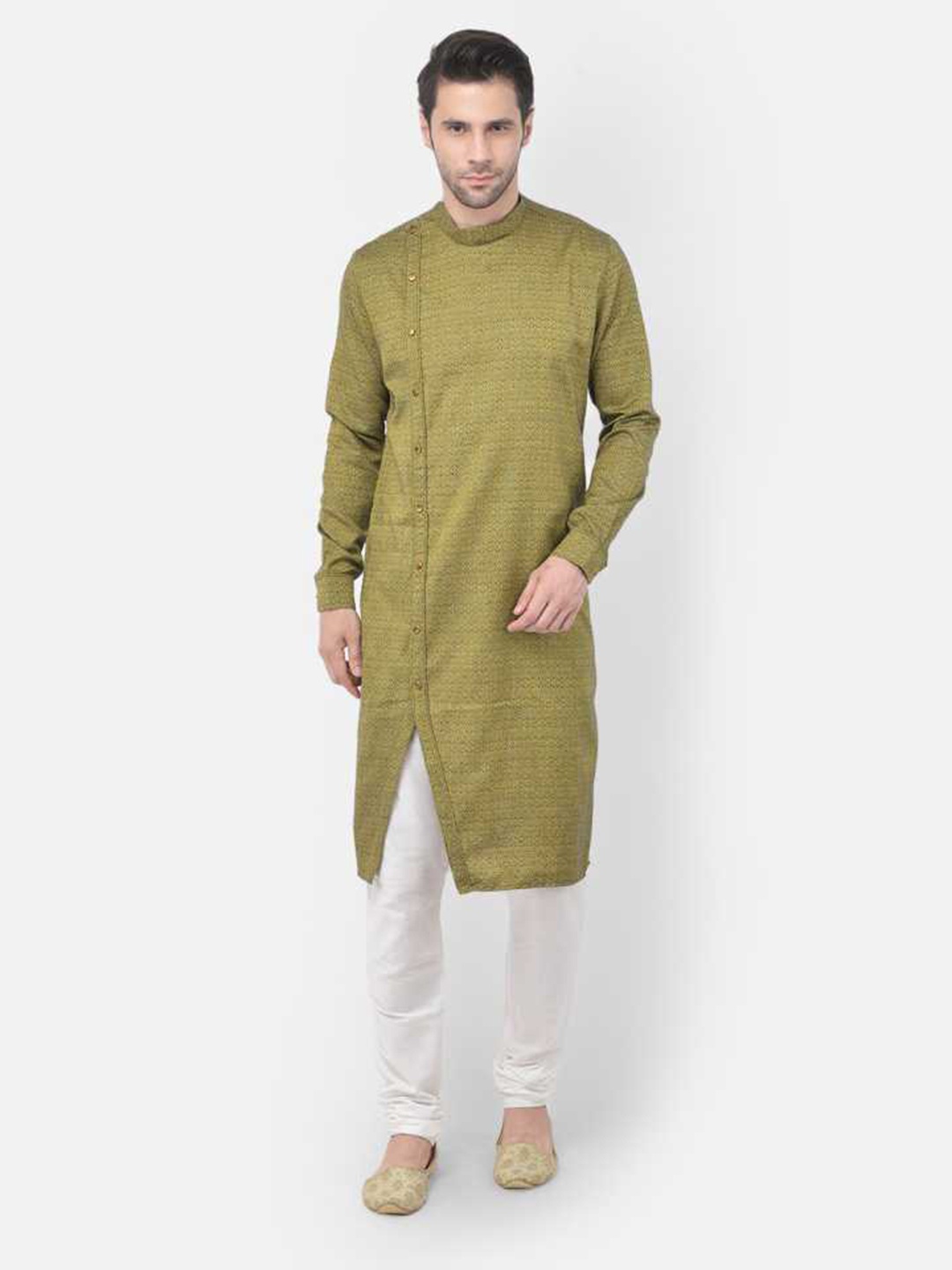 

TABARD Men Green & White Printed Angrakha Pure Cotton Kurta with Pyjamas