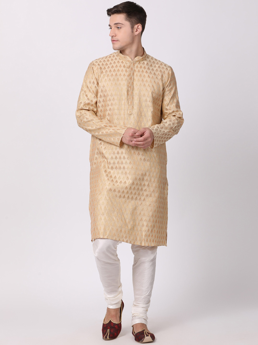 

TABARD Men Beige Jacquard Printed Angrakha Kurta with Churidar