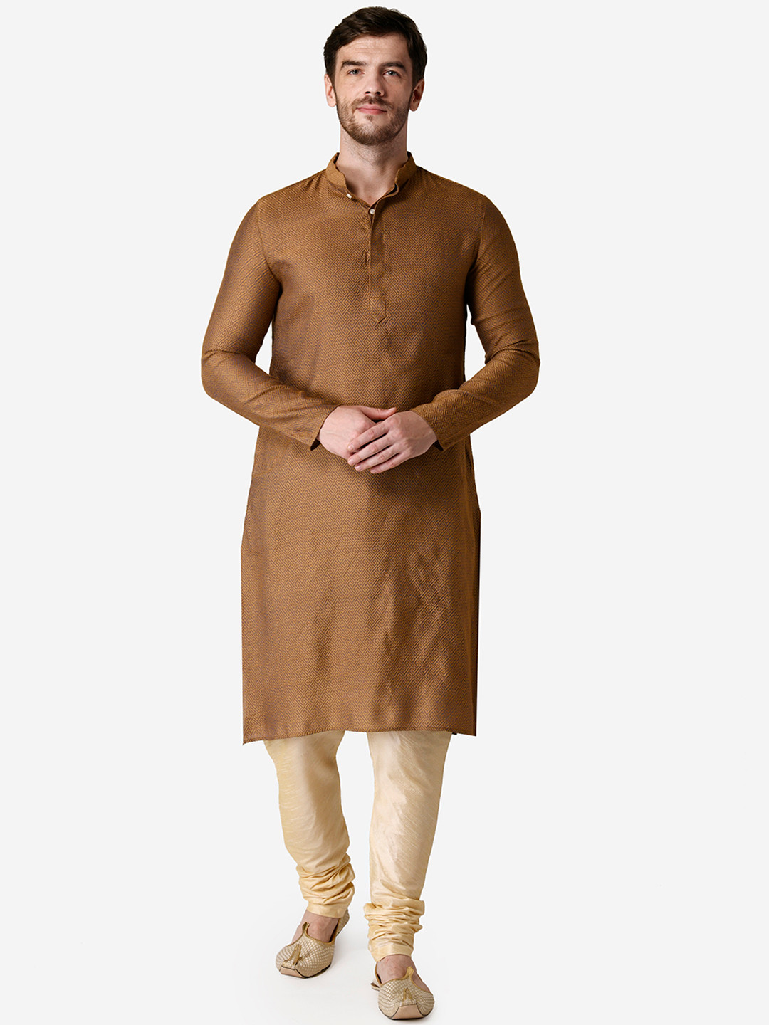 

TABARD Men Mustard Brown Jacquard Printed Kurta with Pyjamas