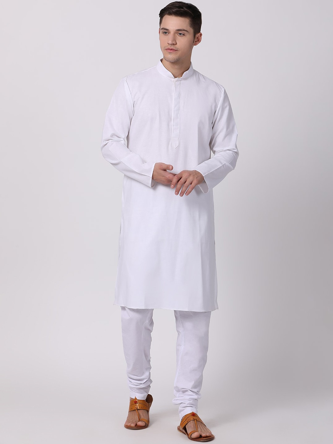 

TABARD Men White Angrakha Solid Pure Cotton Kurta With Churidar
