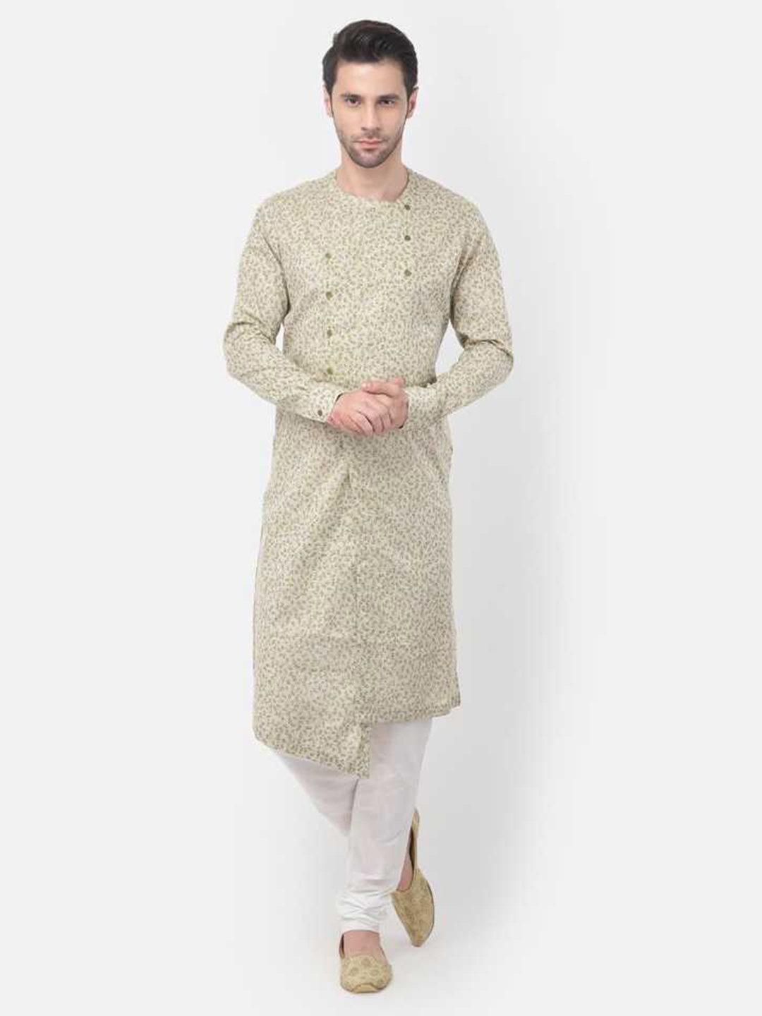 

TABARD Men Beige Floral Printed Angrakha Pure Cotton Kurta with Pyjamas