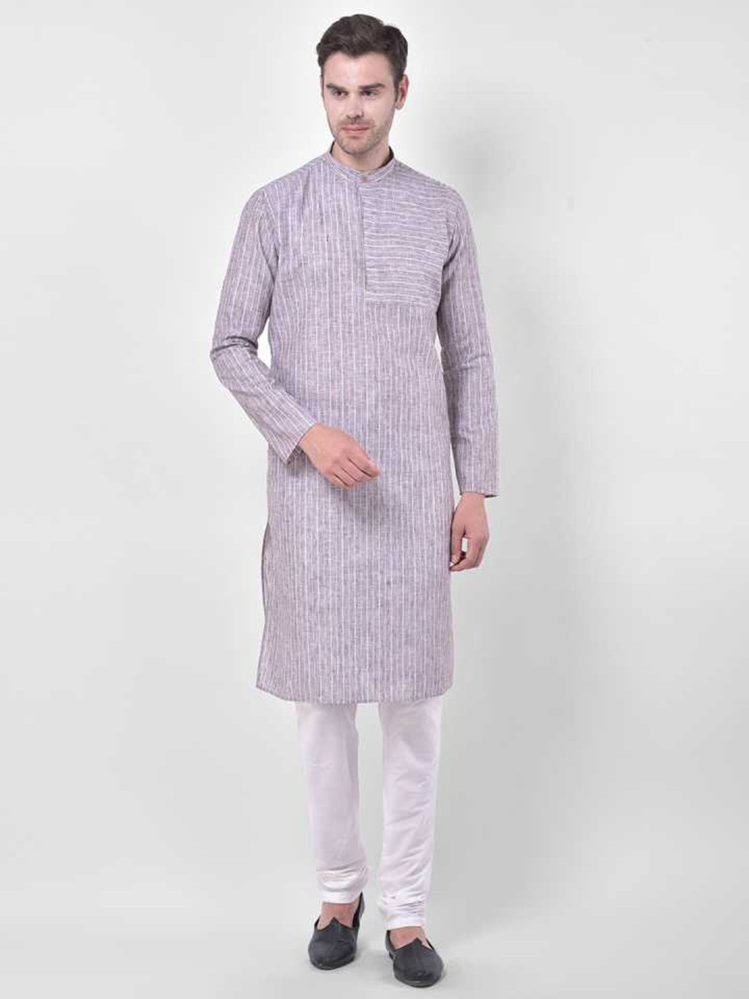 

TABARD Men Grey Cotton Linen Striped Kurta with Pyjamas