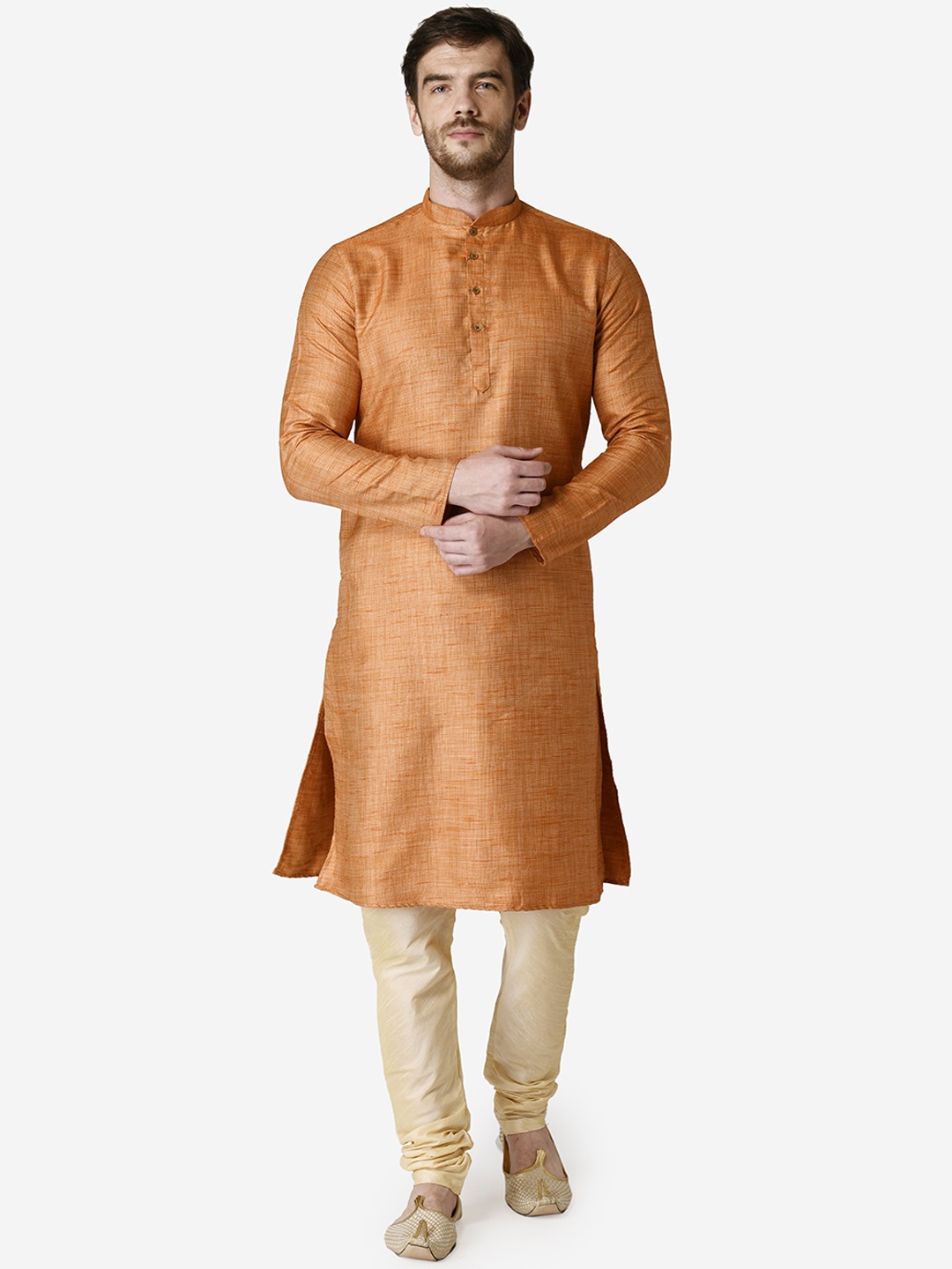 

TABARD Men Orange & Beige Silk Blend Plain Kurta with Churidar