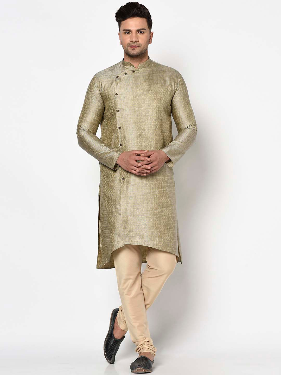 

TABARD Men Yellow & Blue Jacquard Printed Kurta with Churidar