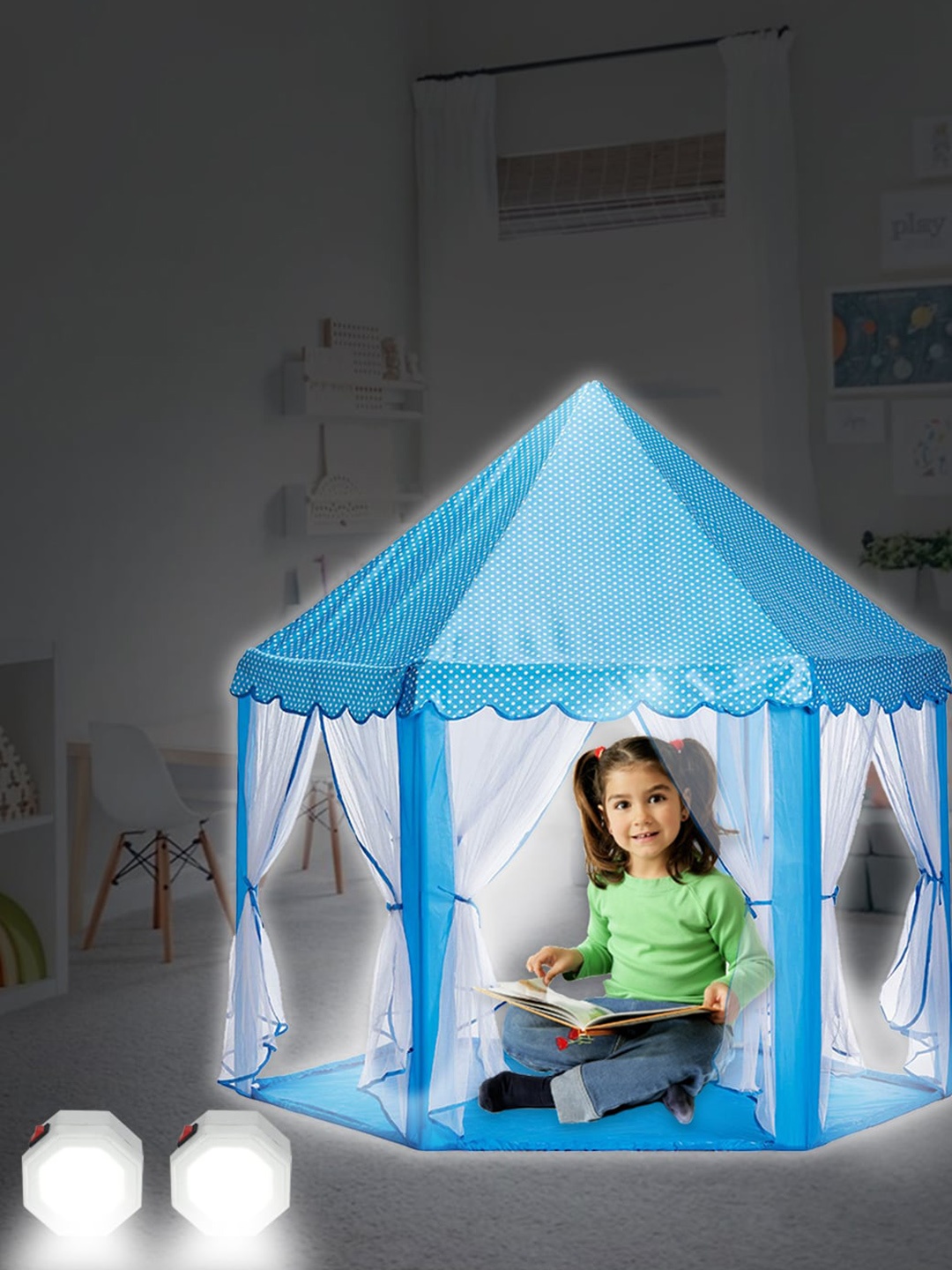 

Wembley Toys Kids Blue & White Castle Play Tent With 2 LED Lights Toys