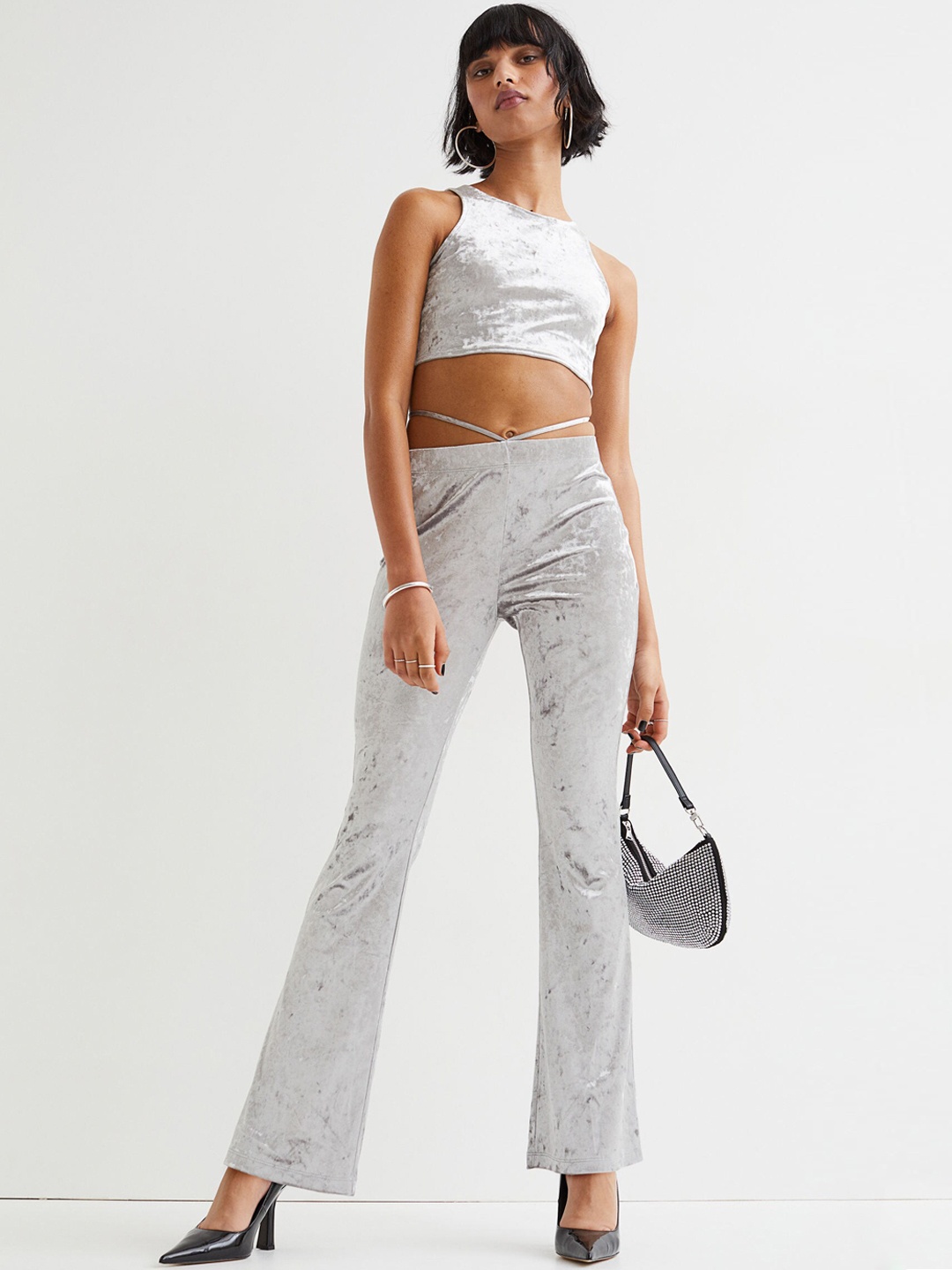 H&M Women Silver-Toned Flared Tie-Detail Leggings