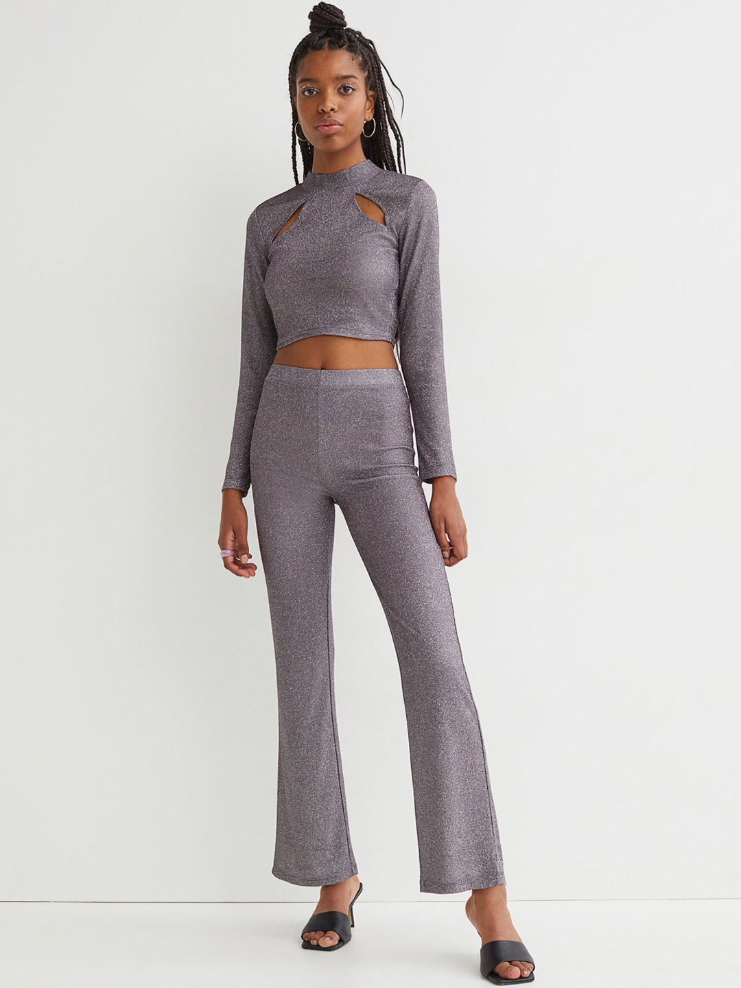 

H&M Women Grey & Silver-Toned Flared Leggings