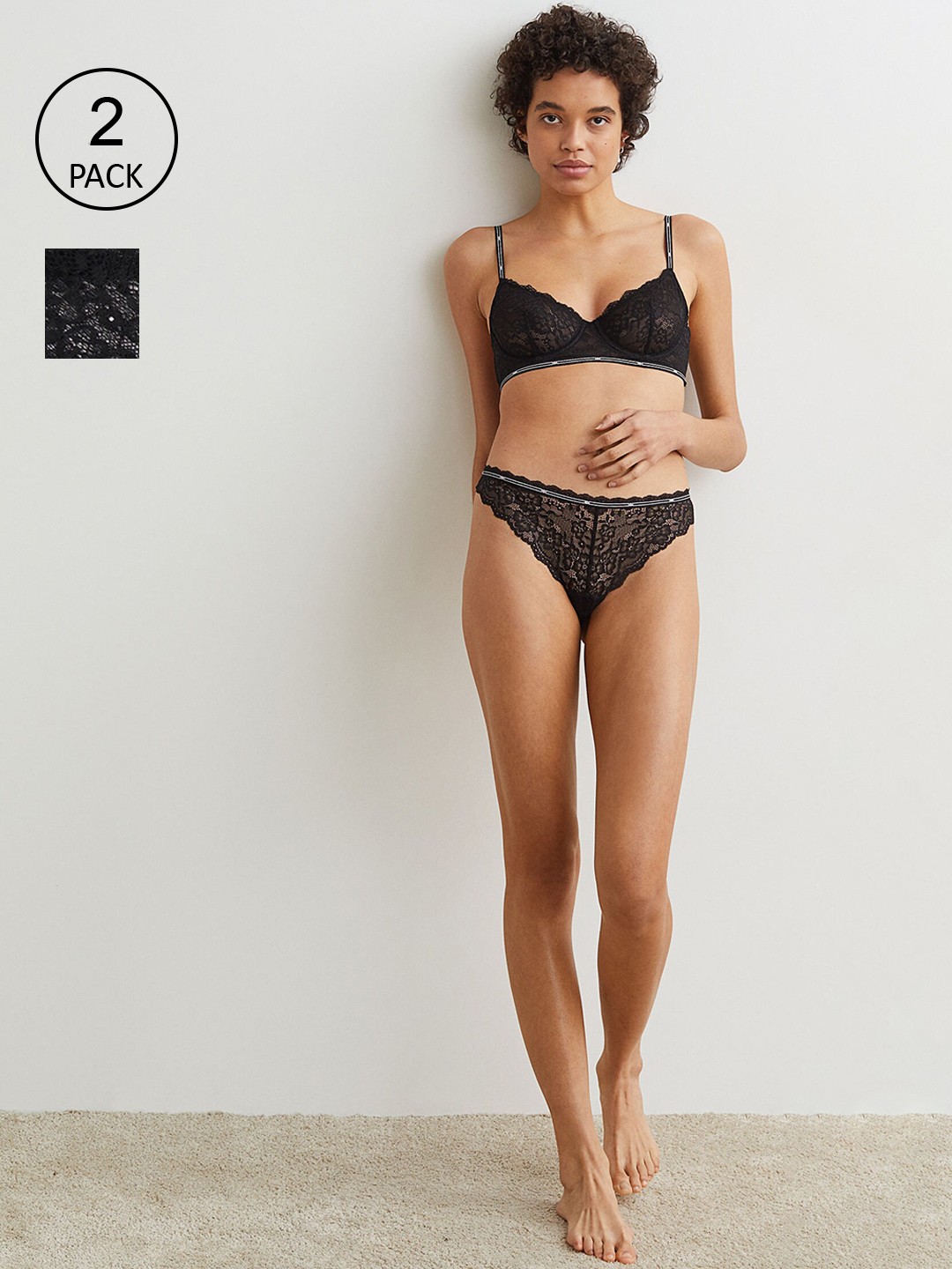 

H&M Women Black 2-Pack Lace Brazilian Briefs 1010033001