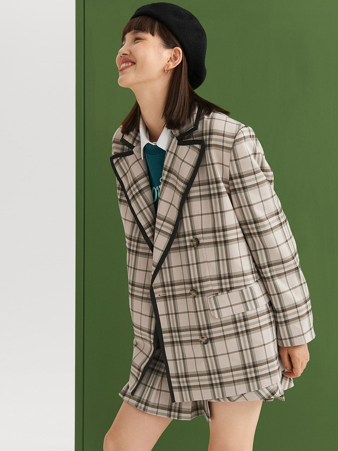 

H&M Women Beige & Brown Checked Double-Breasted Oversized Jacket