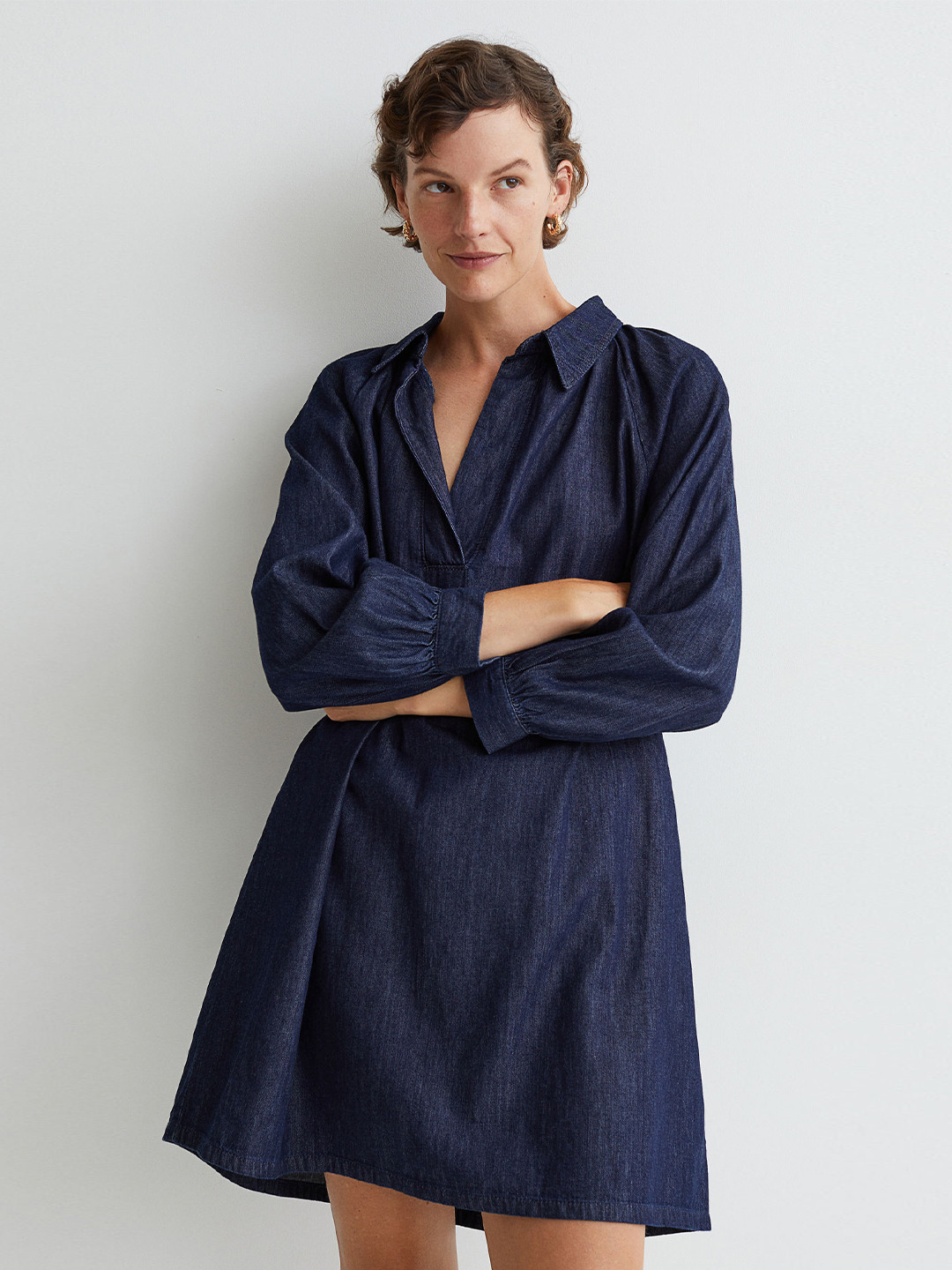 

H&M Women Blue A-Line Collared Denim Dress