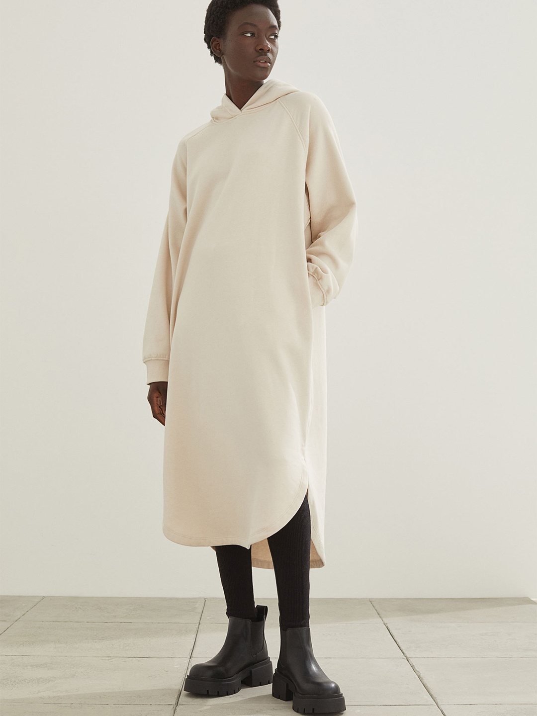 

H&M Women Beige Hooded Sweatshirt Dress