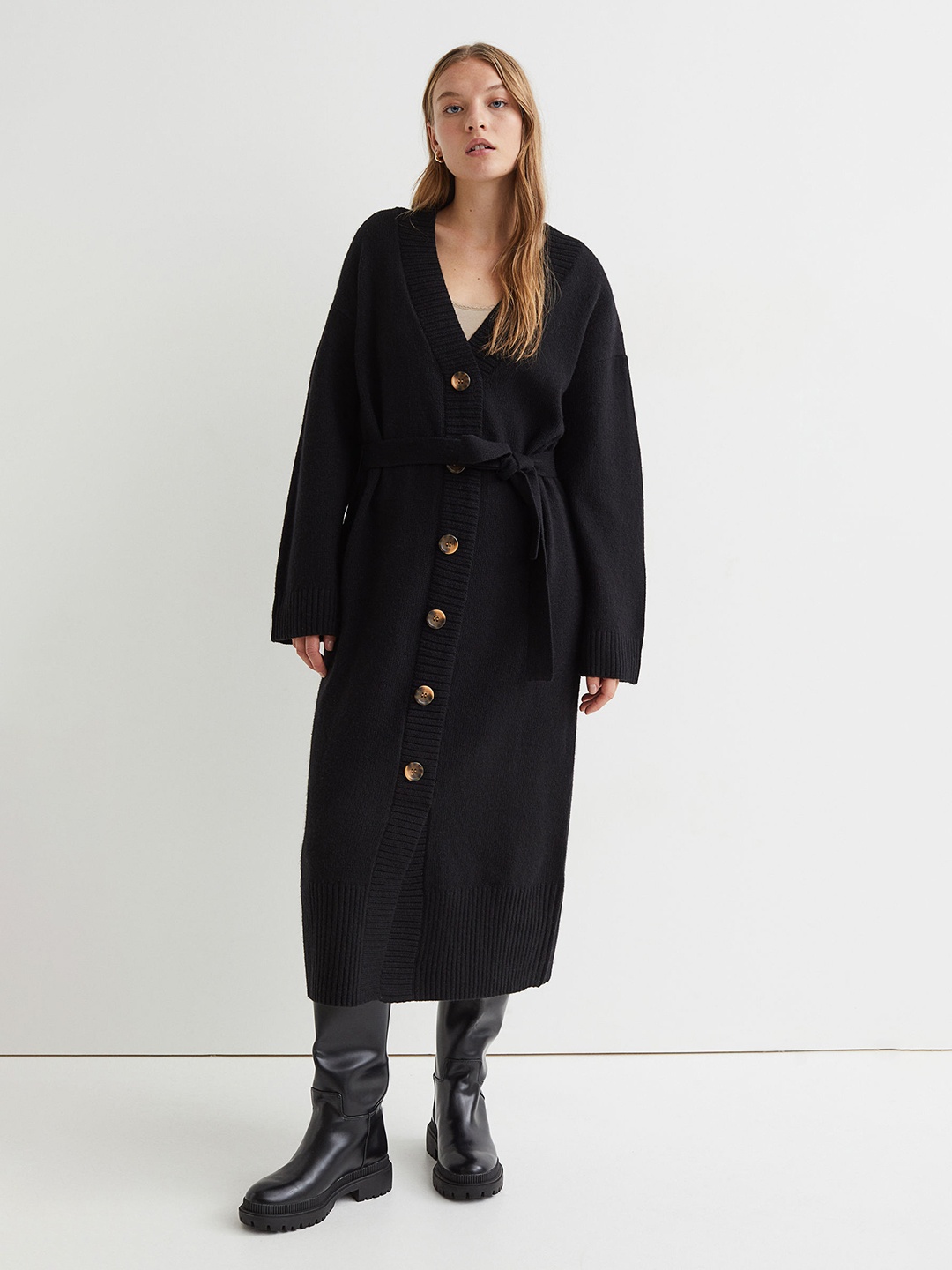

H&M Women Black Jumper Tie-Belt Knitted Dress
