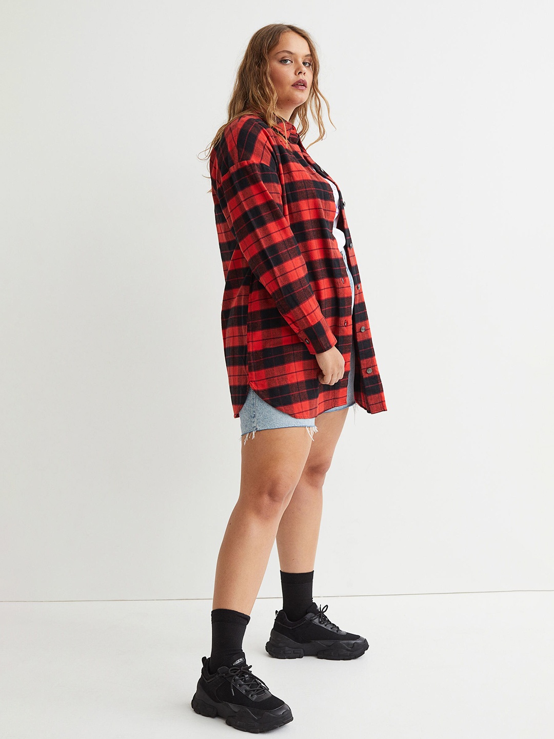 

H&M Women Red & Black Checked Pure Cotton Shirt Dress