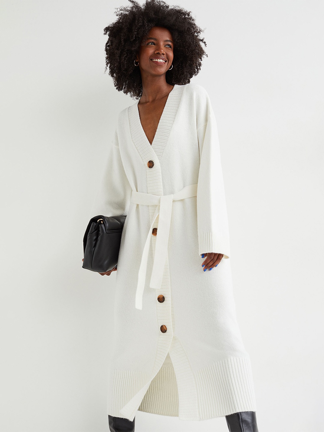 

H&M Women White Sweater Tie-Belt Knitted Dress