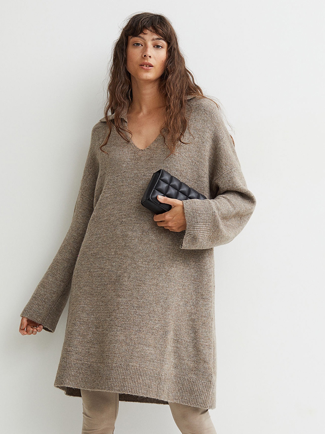 

H&M Women Beige A-Line Collared Knitted Dress
