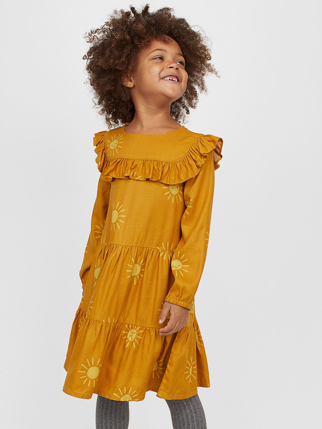 

H&M Girls Yellow Printed A-Line Flounced Dress