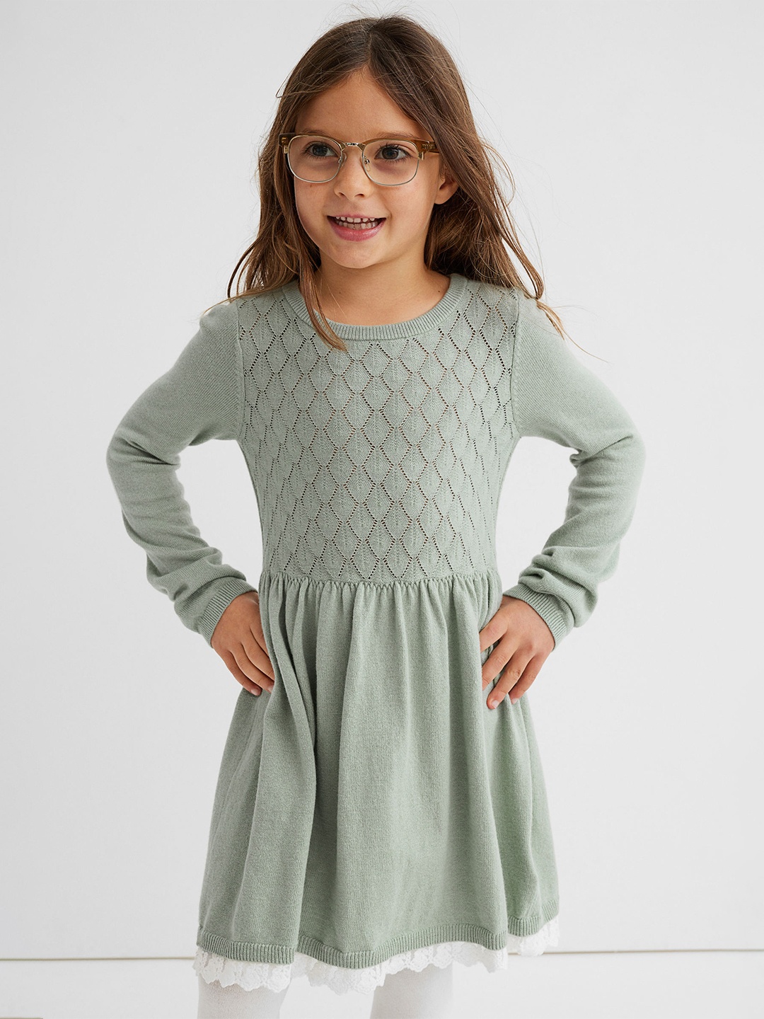 

H&M Girls Green Fit & Flare Lace-Trimmed Knitted Dress