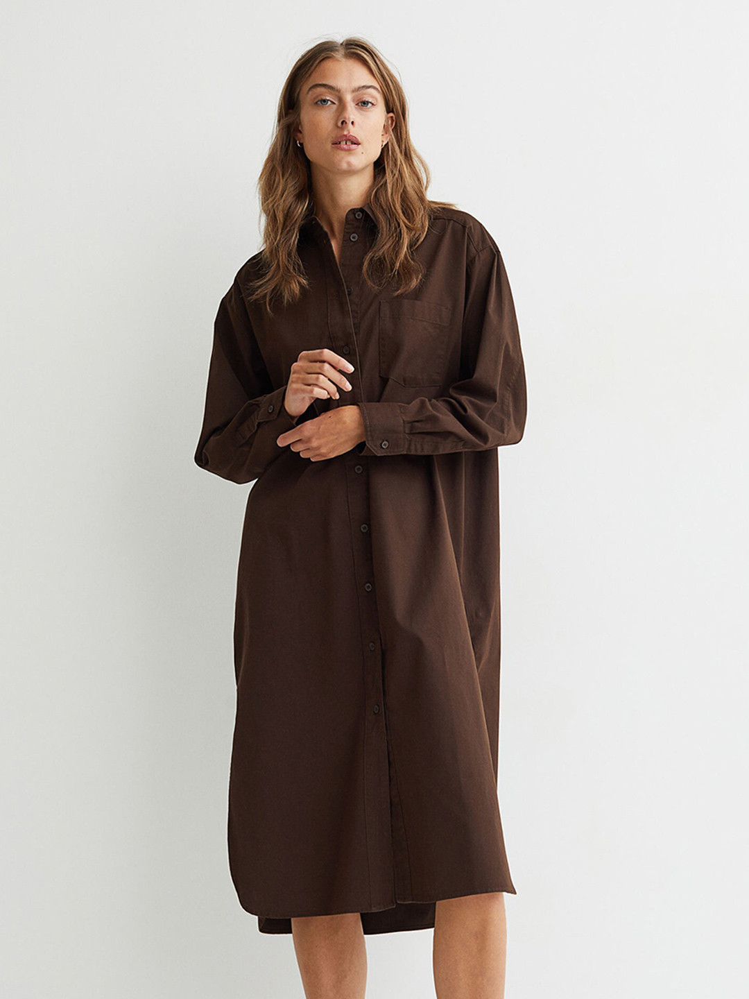 

H&M Women Brown Pure Cotton Calf-Length Shirt Dress