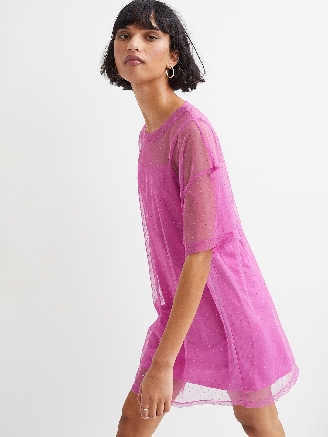

H&M Women Pink Solid Mesh T-Shirt Dress