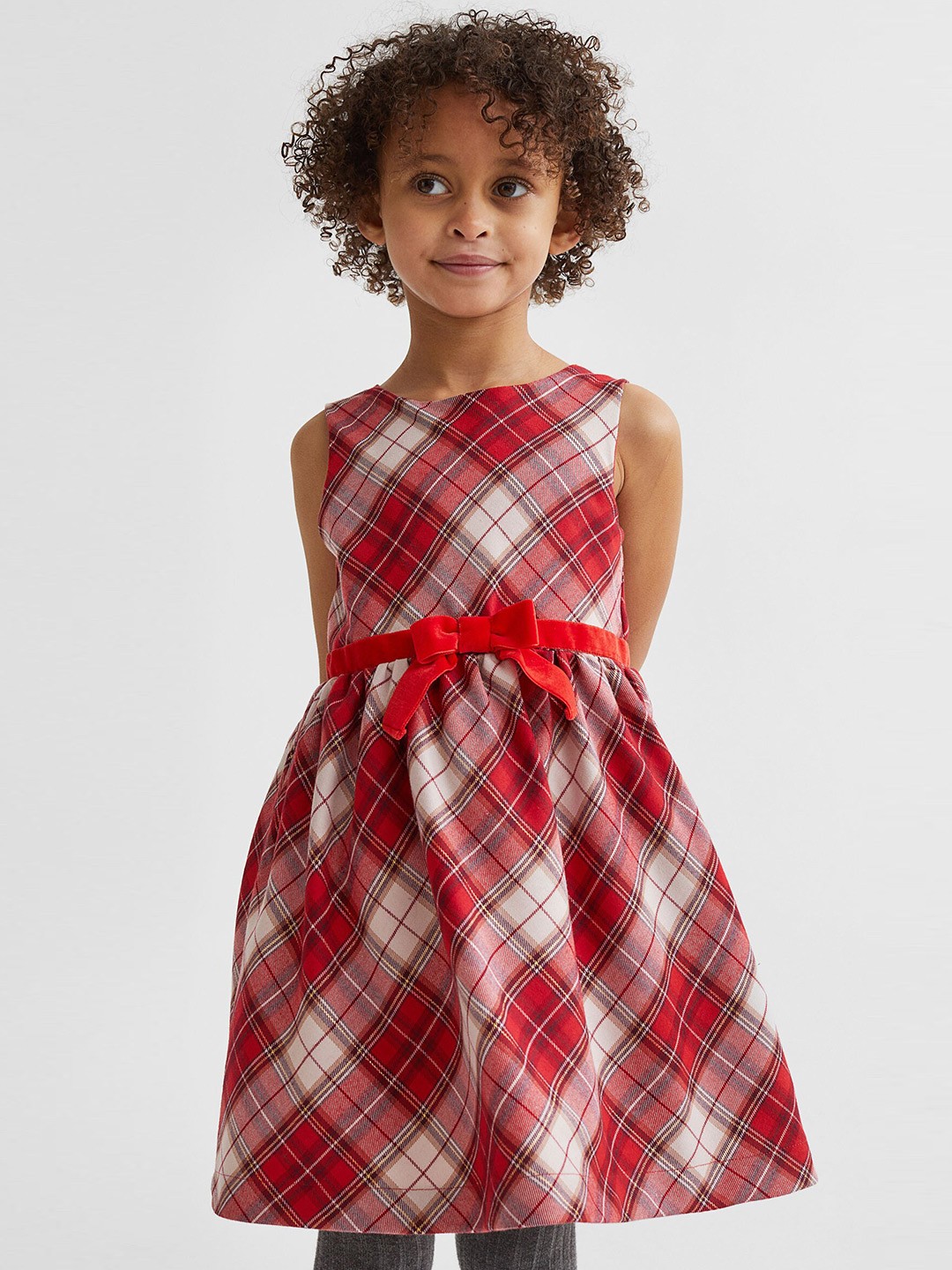

H&M Girls Red Bow-Detail Checked Fit & Flare Dress