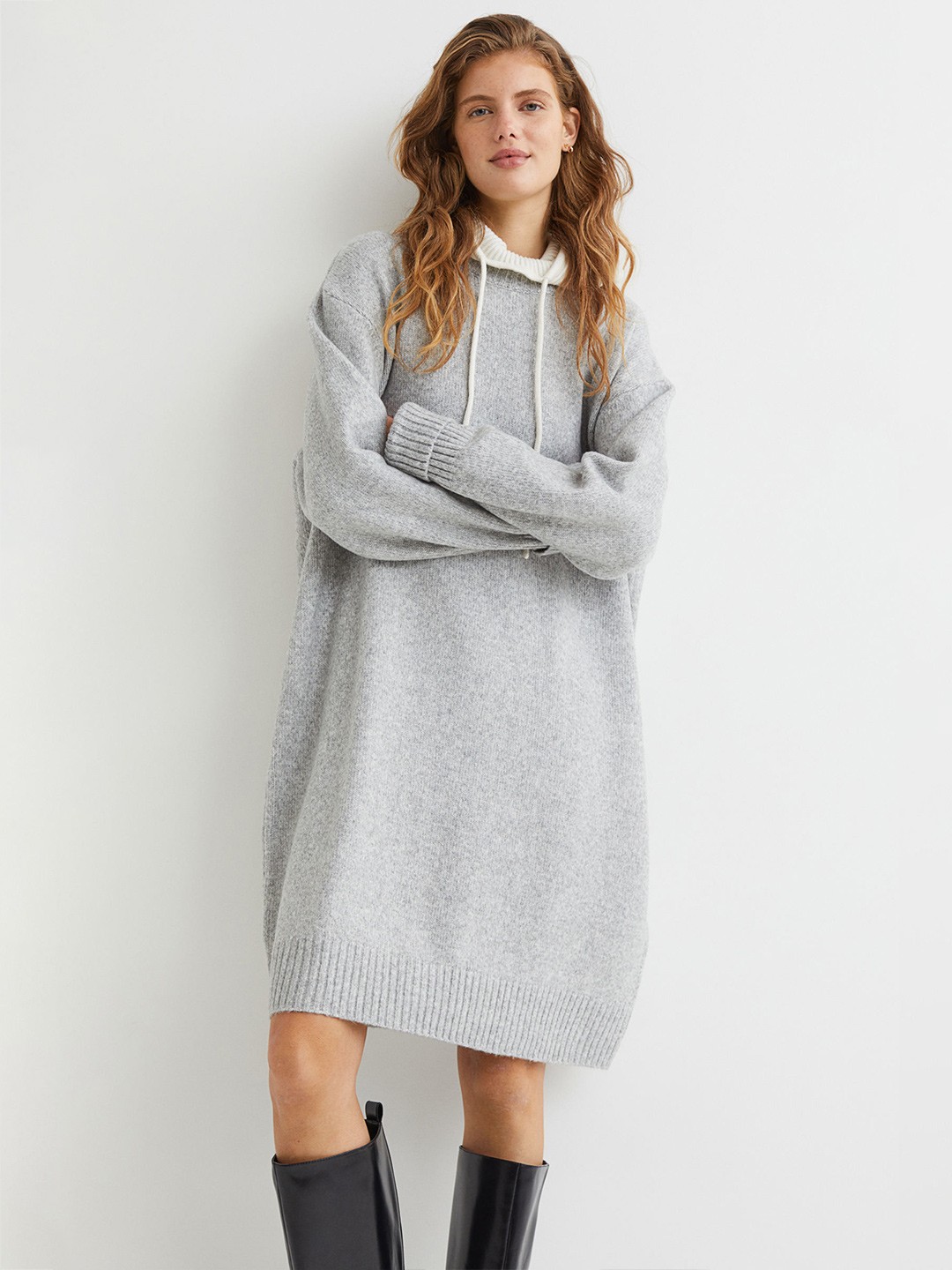 

H&M Women Grey Solid Knitted Sweater Dress