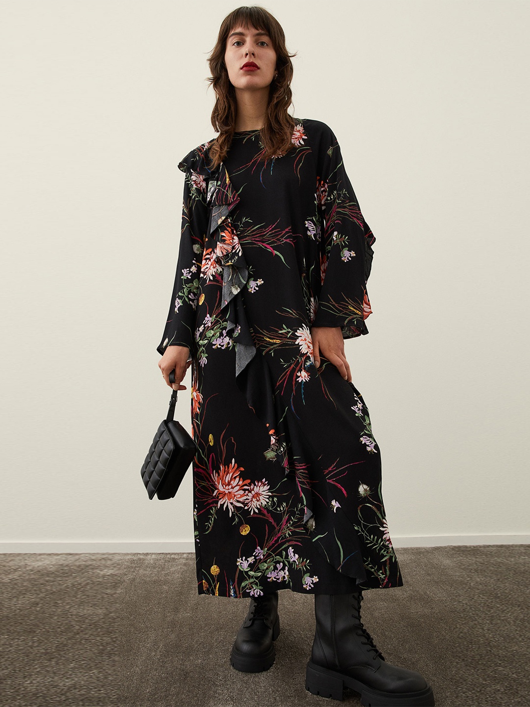 

H&M Women Black Floral Print Flounce Maxi Dress