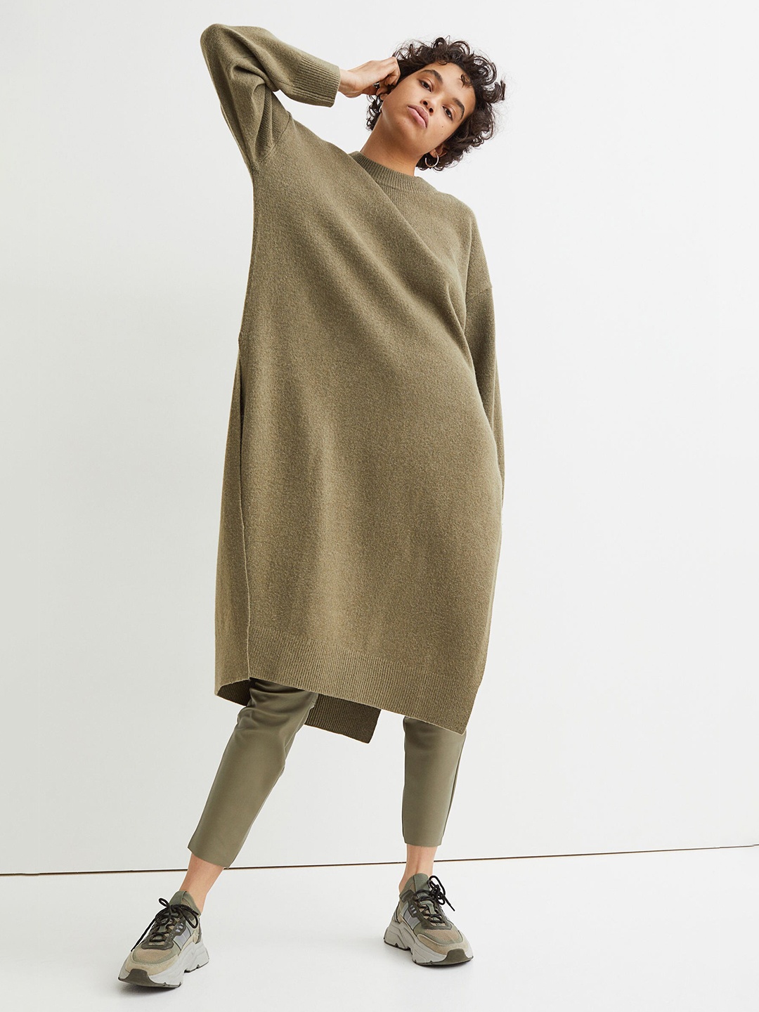 

H&M Women Green Knitted Slit-Hem Sweater Dress