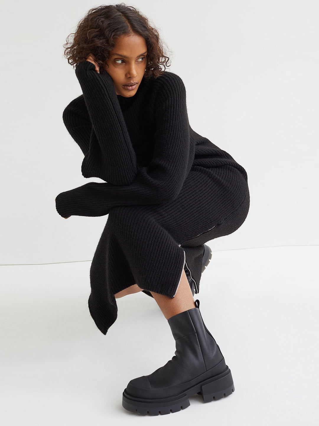 

H&M Women Black Solid Zip-detail Knitted Sweater Dress