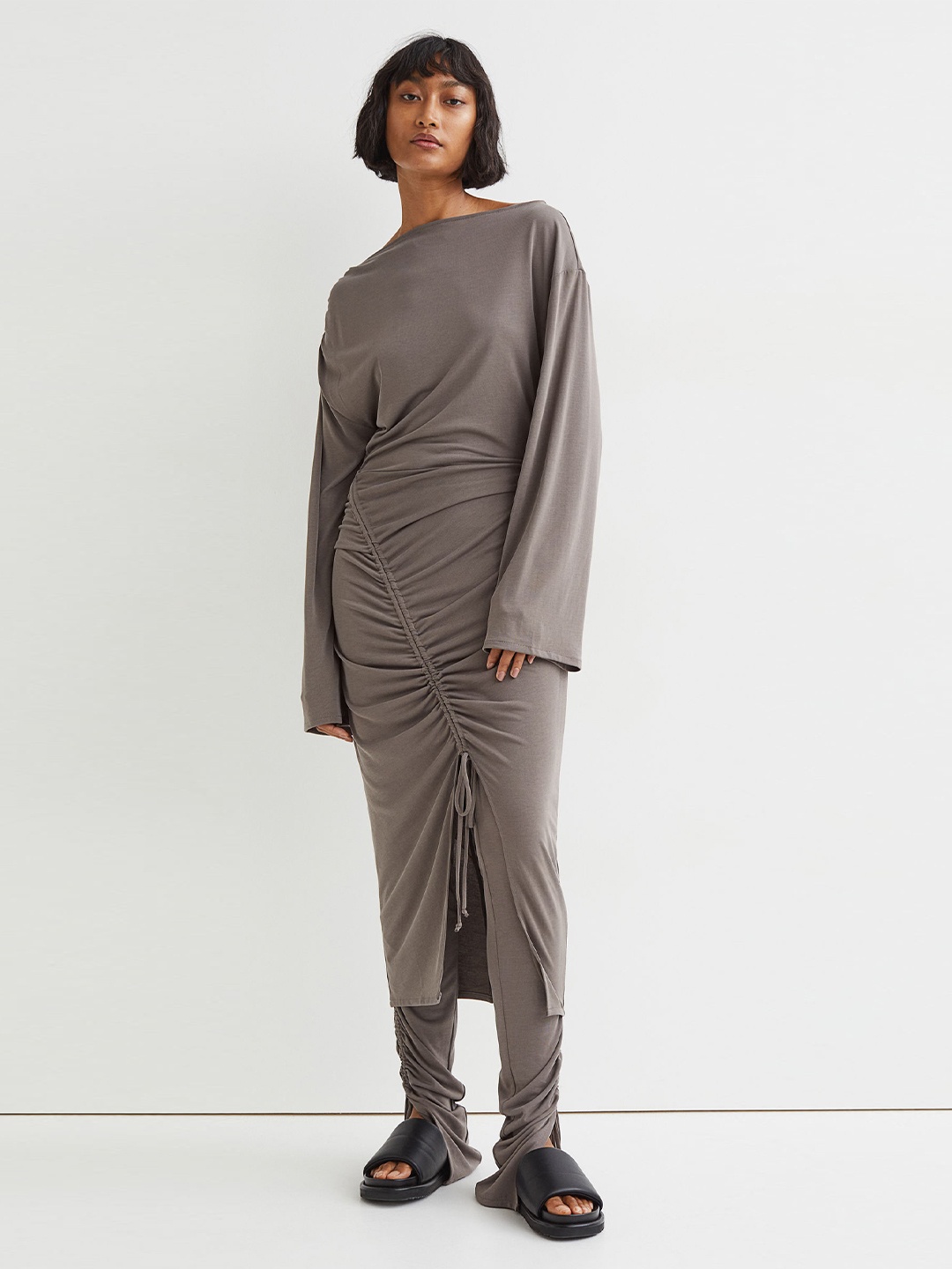

H&M Women Grey Solid Draped Modal-Blend Dress