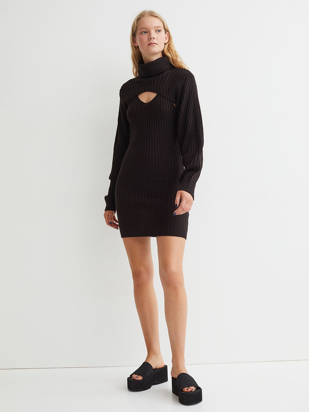 

H&M Women Black Solid Acrylic Dress and Polo-Neck Top
