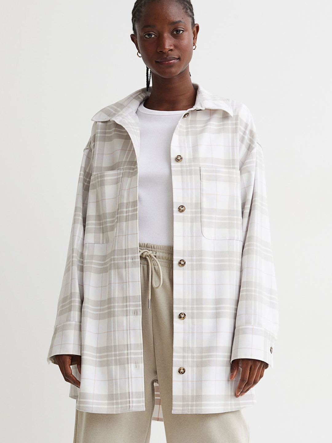 

H&M Women White Checked Twill Shacket