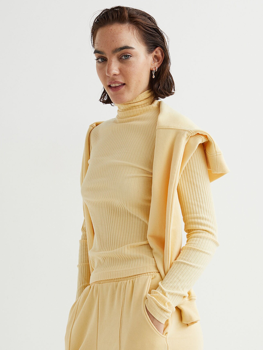 

H&M Women Yellow Ribbed jersey polo-neck top