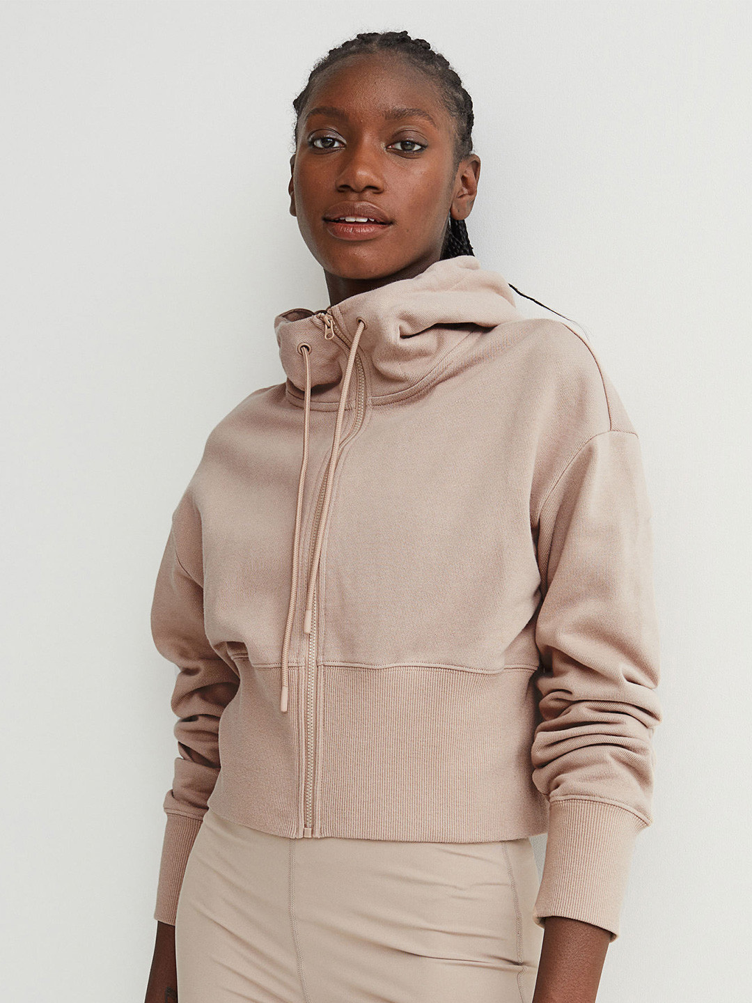 

H&M Women Beige Cropped zip-through hoodie