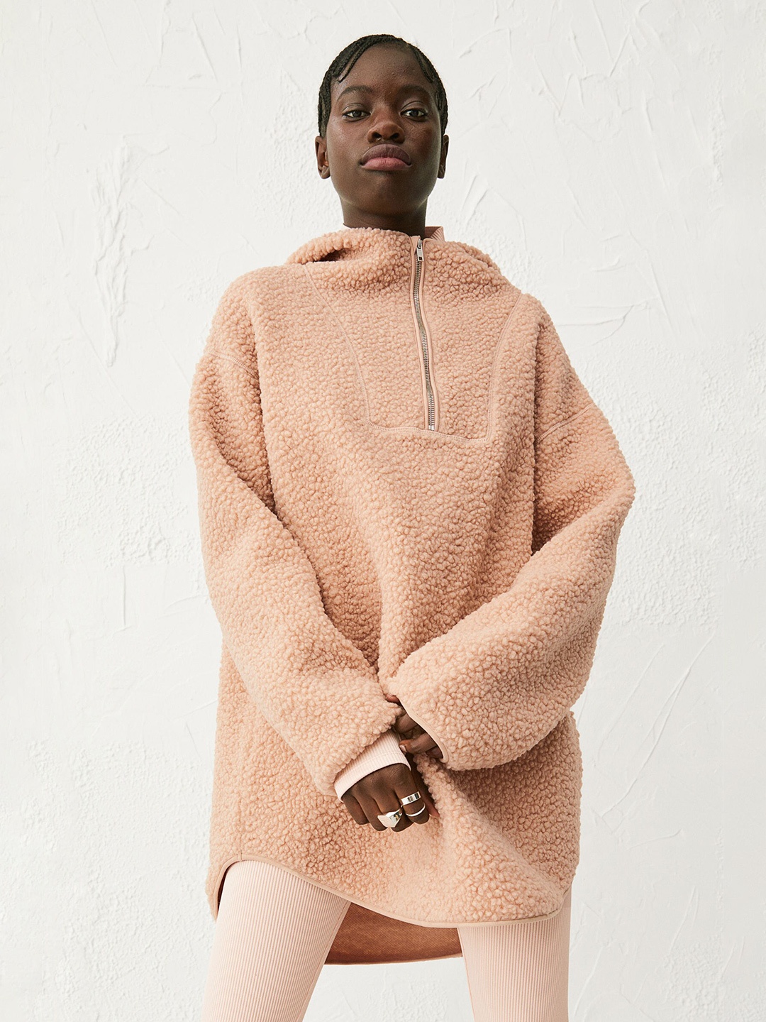 

H&M Women Beige Oversized Faux Shearling Hoodie